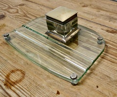 Art Deco Glass and Brass Desk Inkwell with Pen Rest