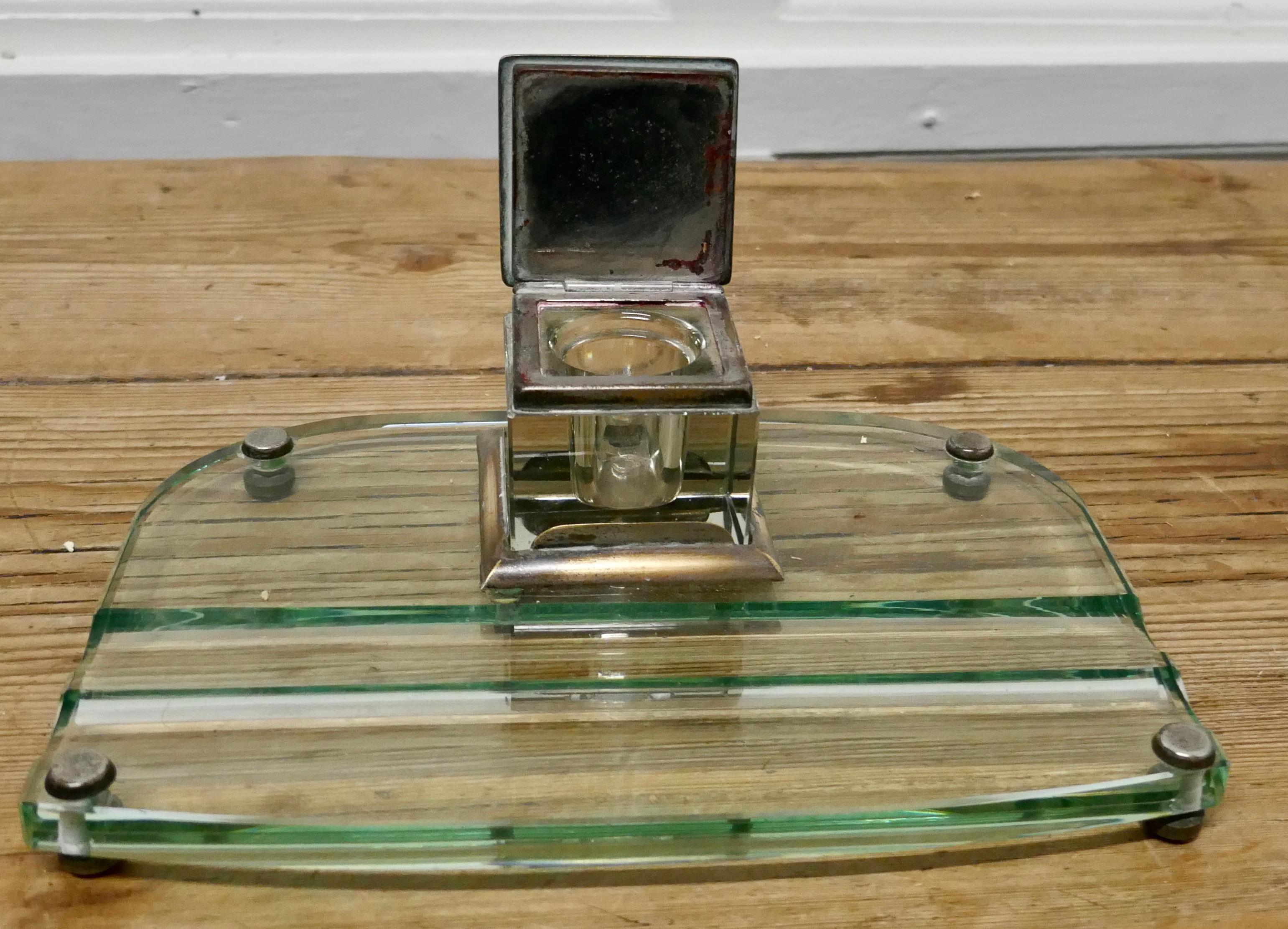 20th Century Art Deco Glass and Brass Desk Inkwell with Pen Rest For Sale