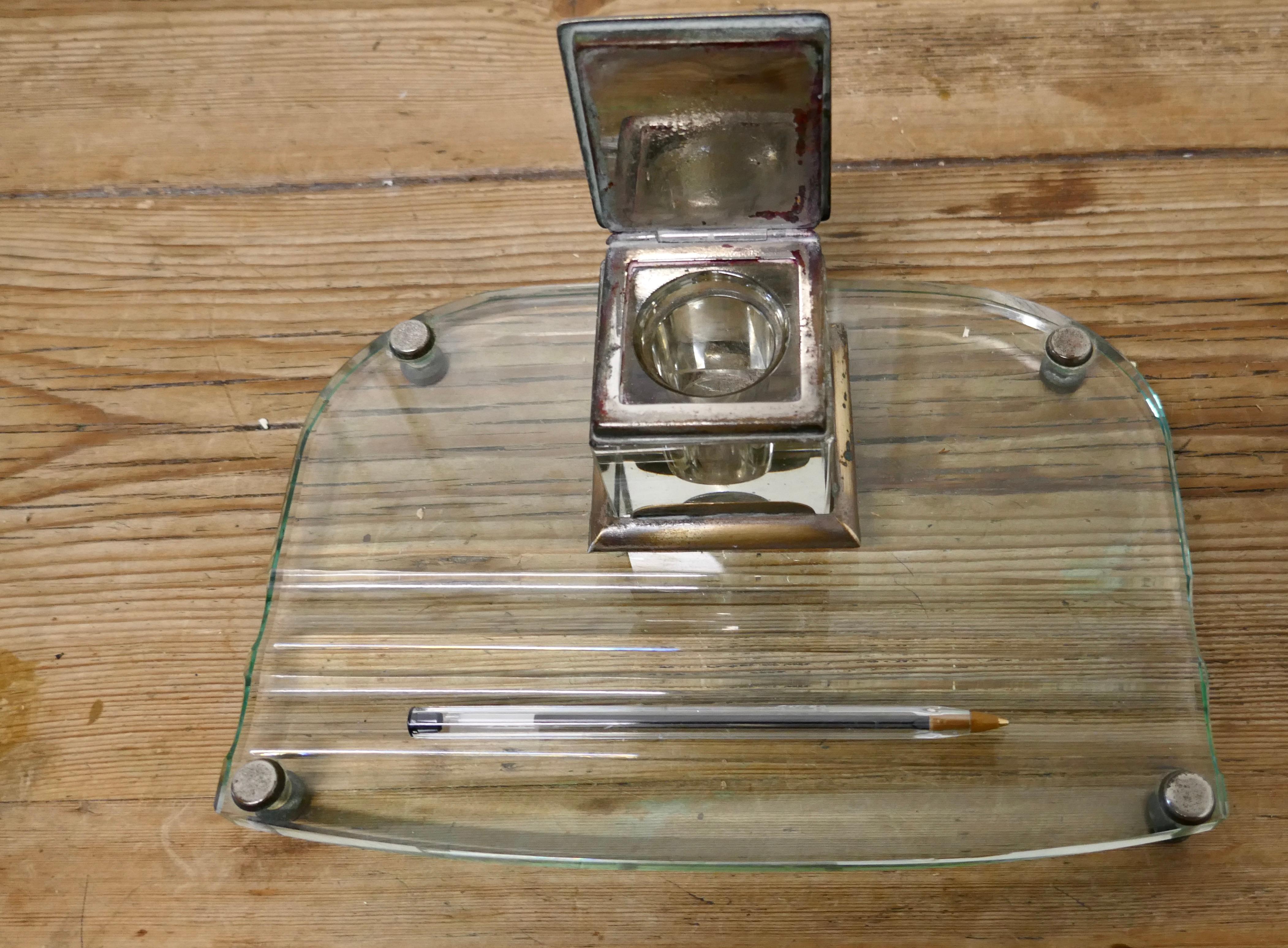 Art Deco Glass and Brass Desk Inkwell with Pen Rest For Sale 1