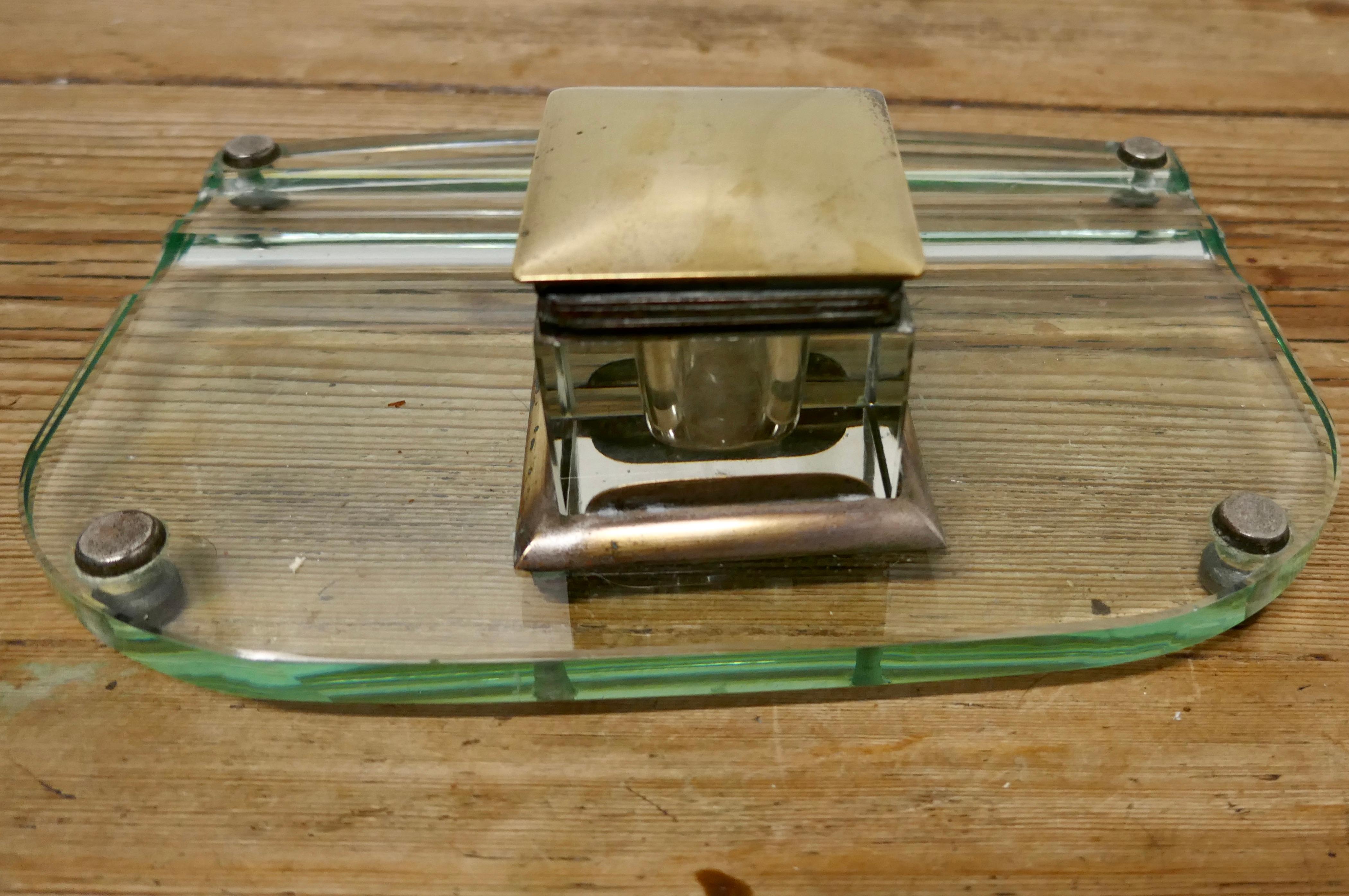 Art Deco Glass and Brass Desk Inkwell with Pen Rest For Sale 4