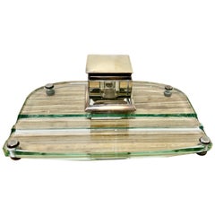 Antique Art Deco Glass and Brass Desk Inkwell with Pen Rest
