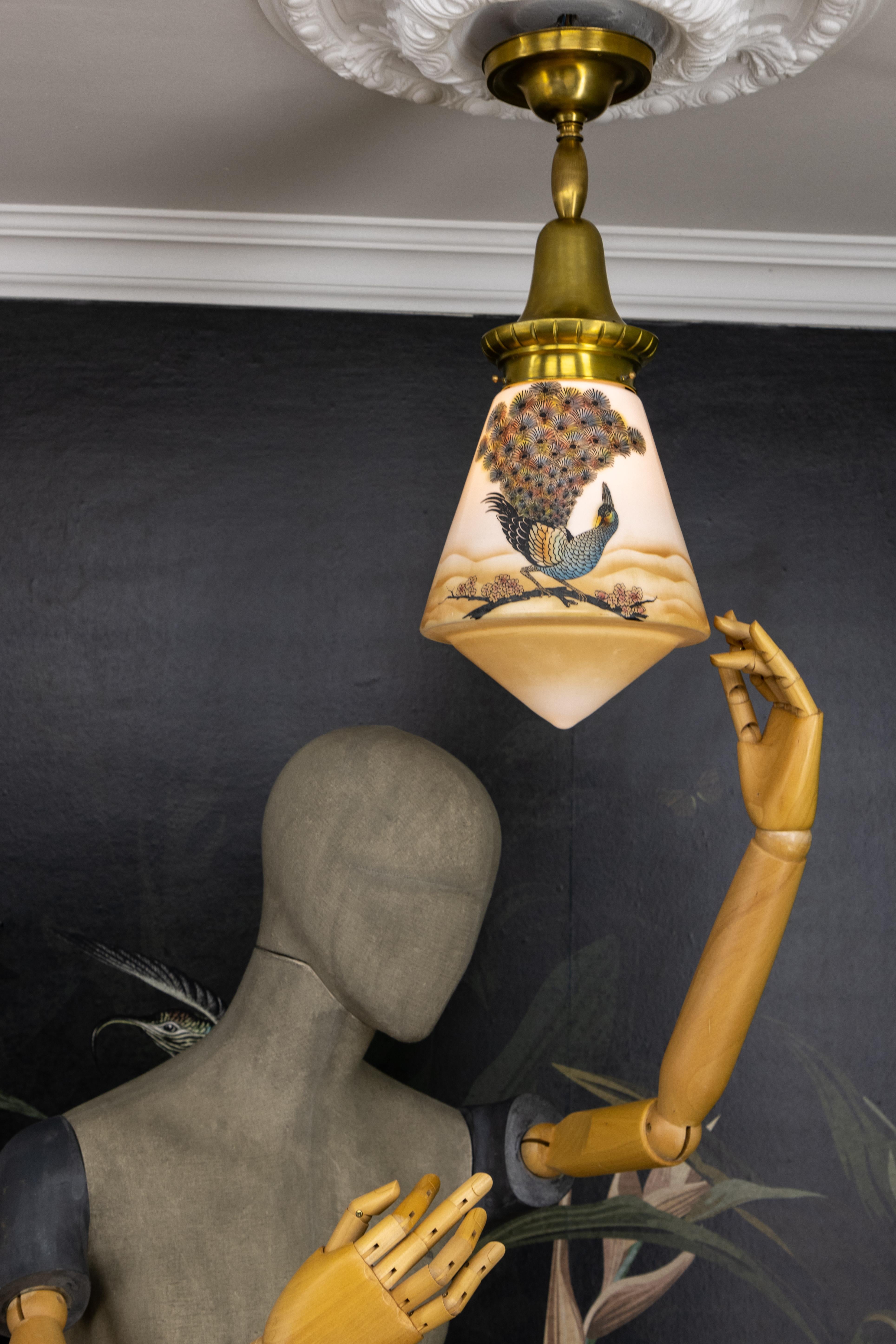Art Deco Glass and Brass Pendant Light with Bird Paintings, France, 1930s For Sale 5