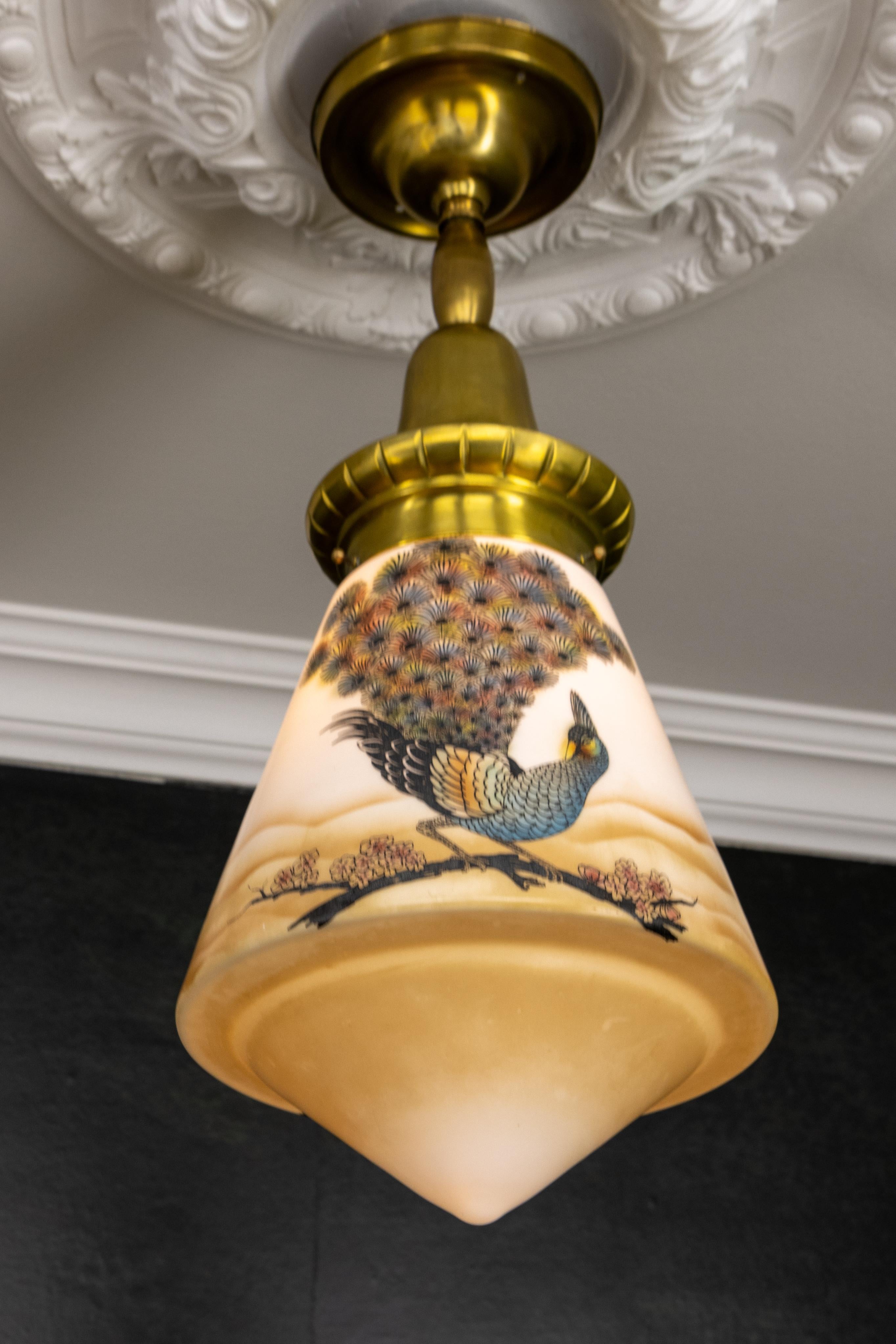 Art Deco Glass and Brass Pendant Light with Bird Paintings, France, 1930s For Sale 6