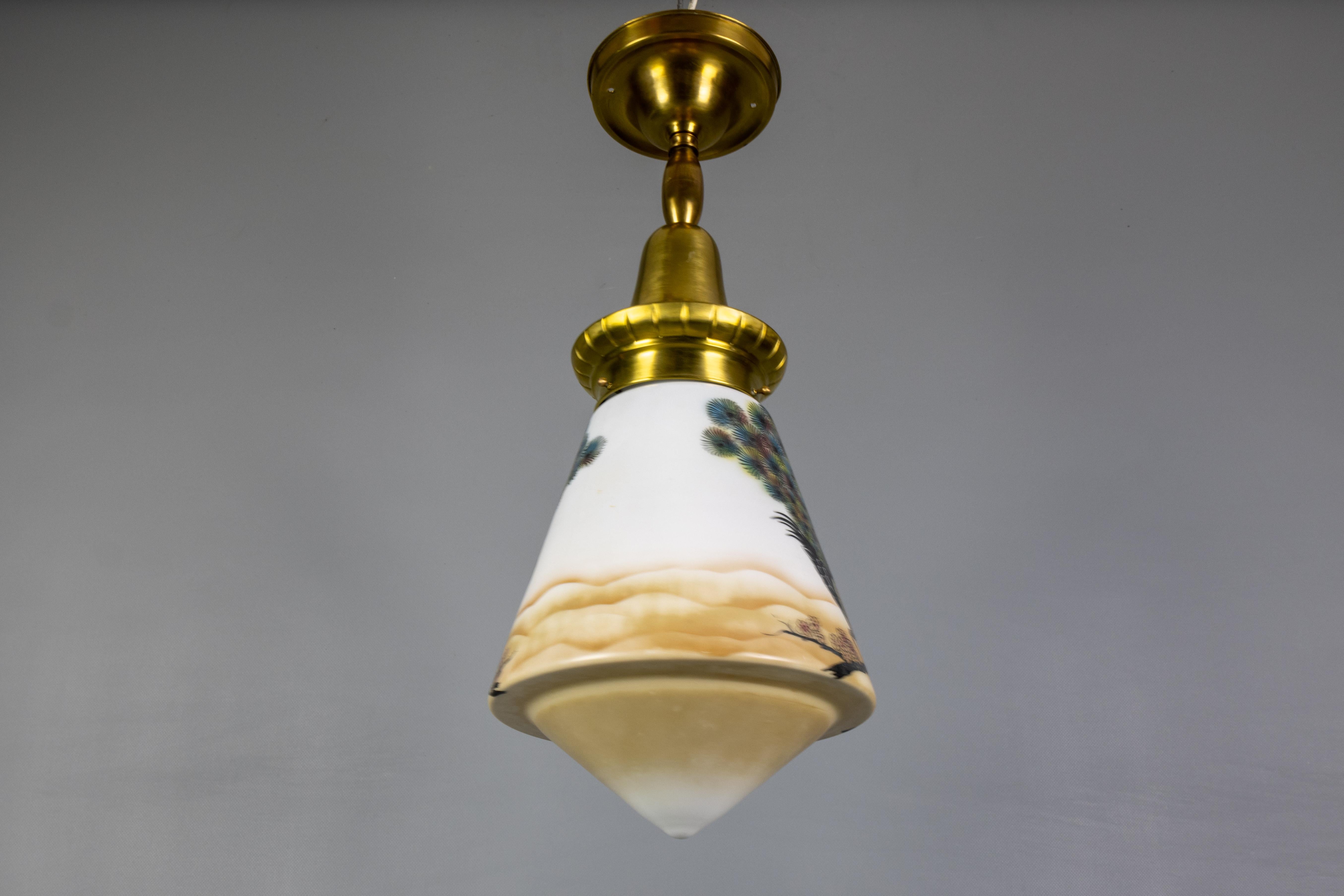 Art Deco Glass and Brass Pendant Light with Bird Paintings, France, 1930s For Sale 9