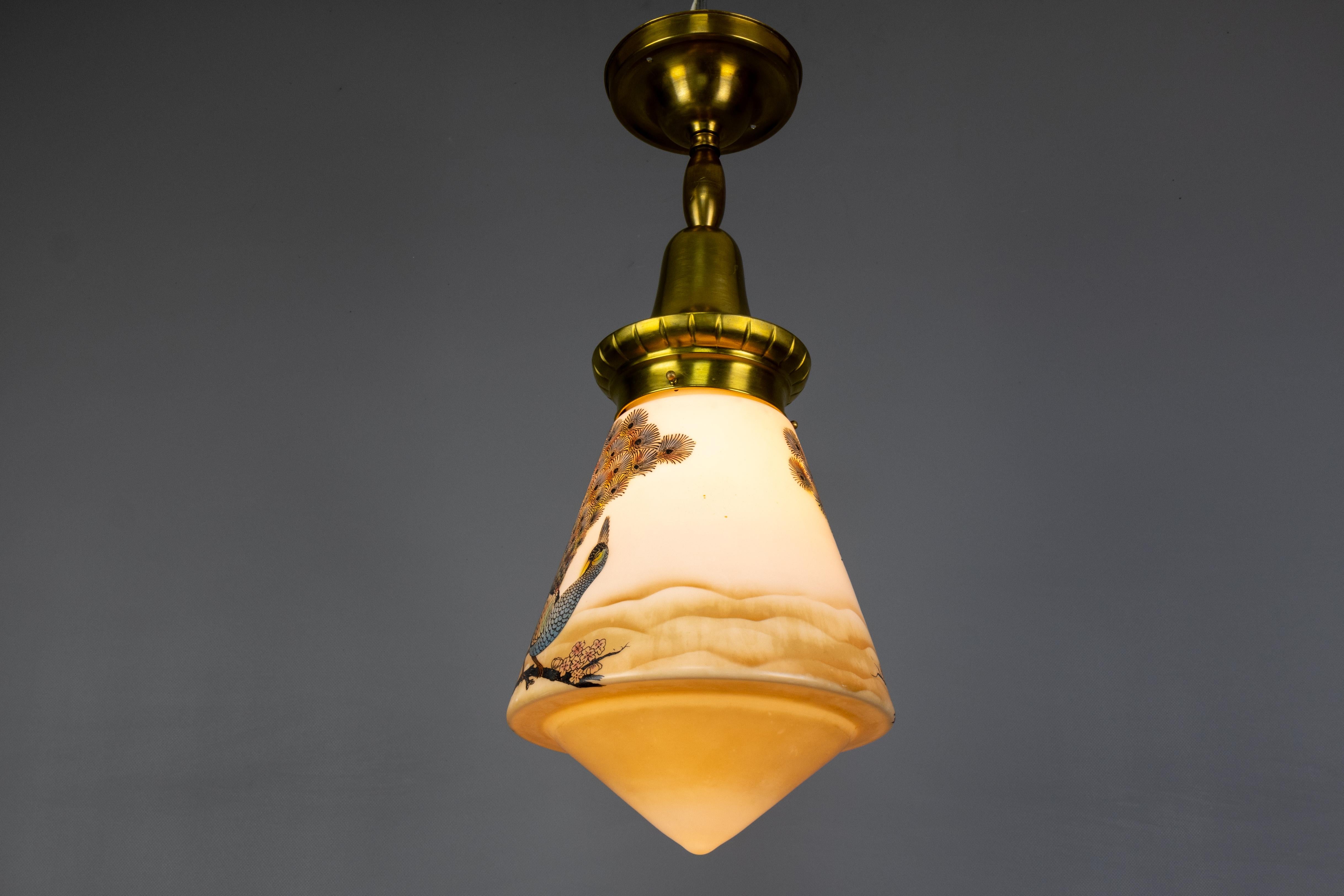 Art Deco Glass and Brass Pendant Light with Bird Paintings, France, 1930s For Sale 10