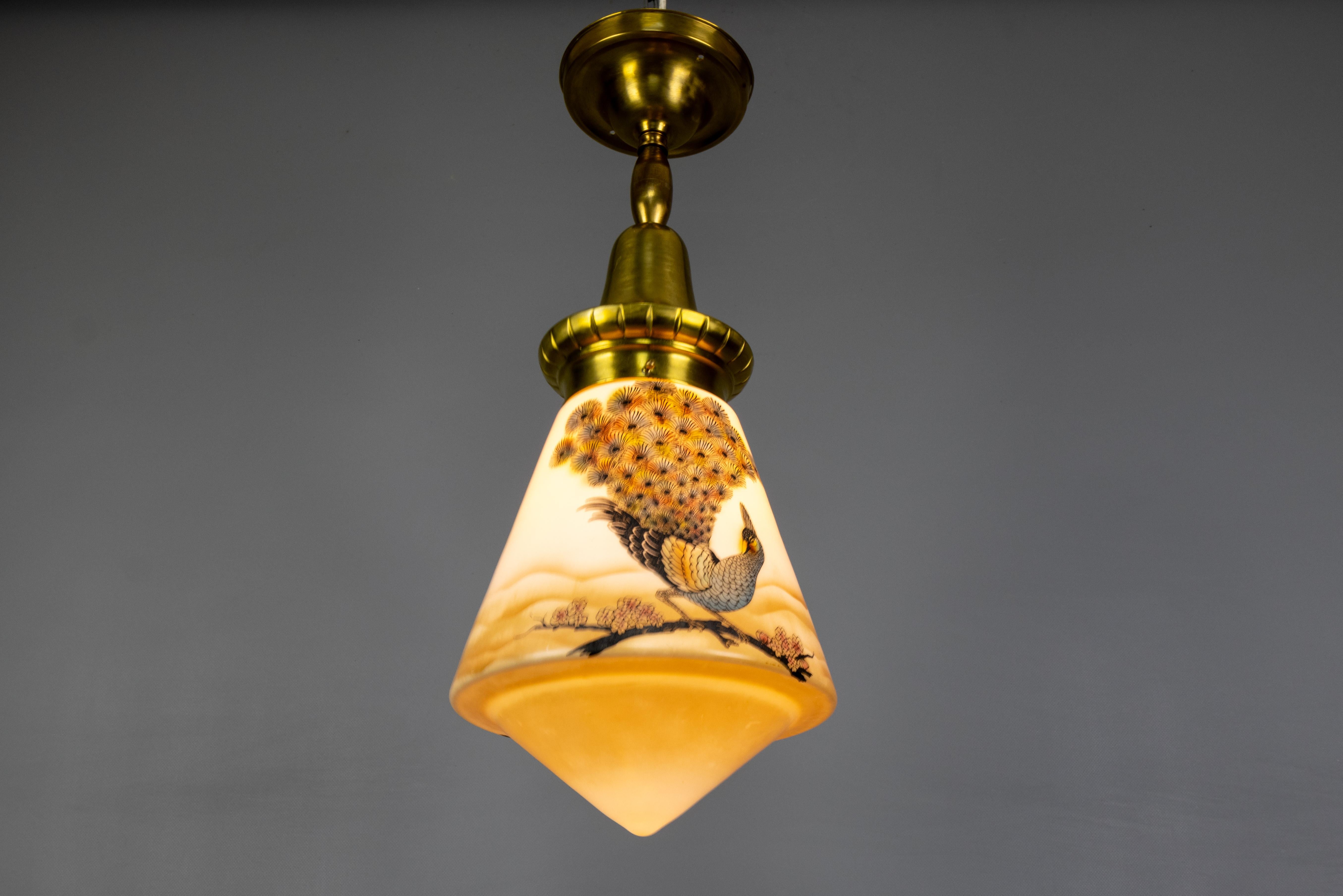 Art Deco Glass and Brass Pendant Light with Bird Paintings, France, 1930s For Sale 11