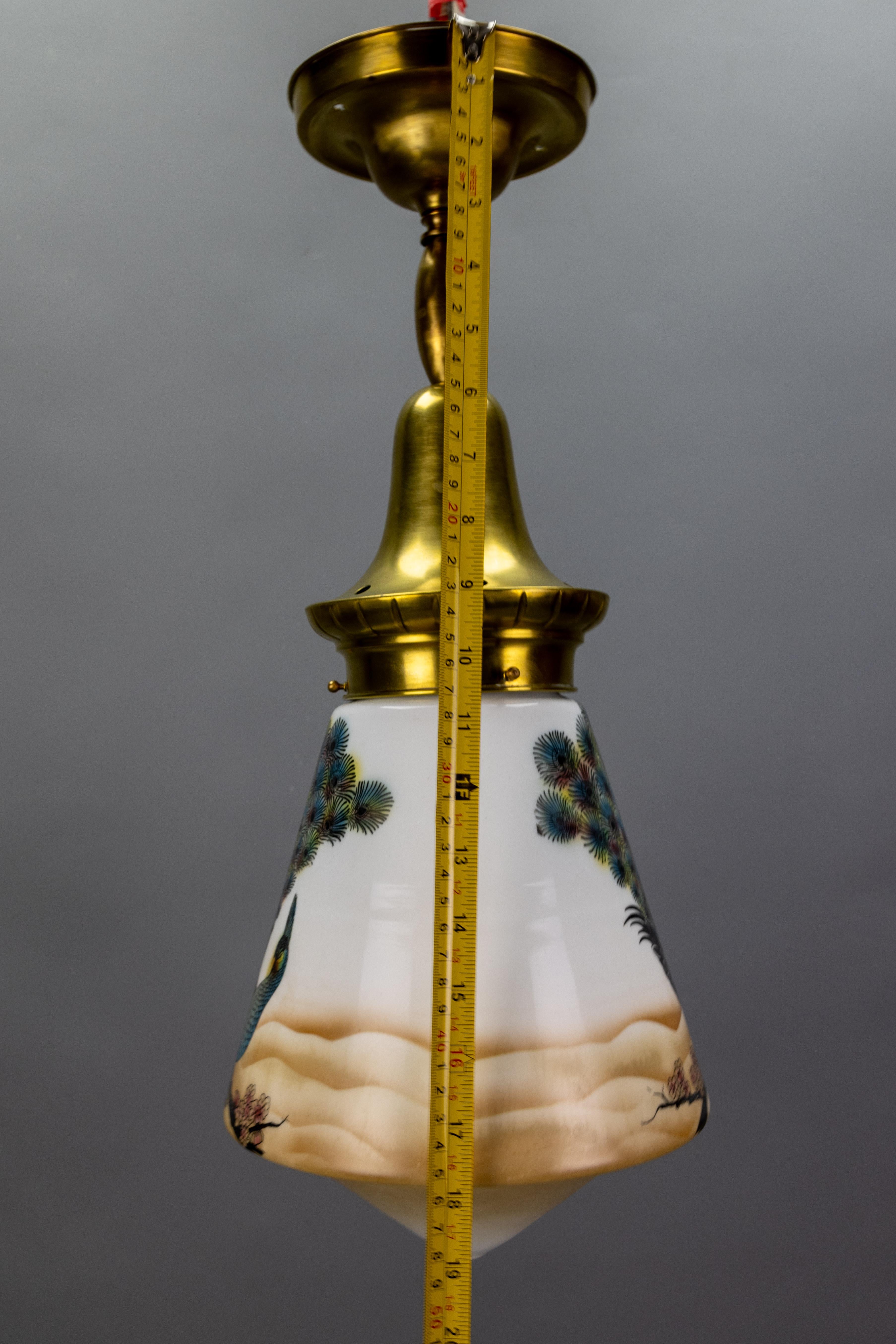 Art Deco Glass and Brass Pendant Light with Bird Paintings, France, 1930s For Sale 13