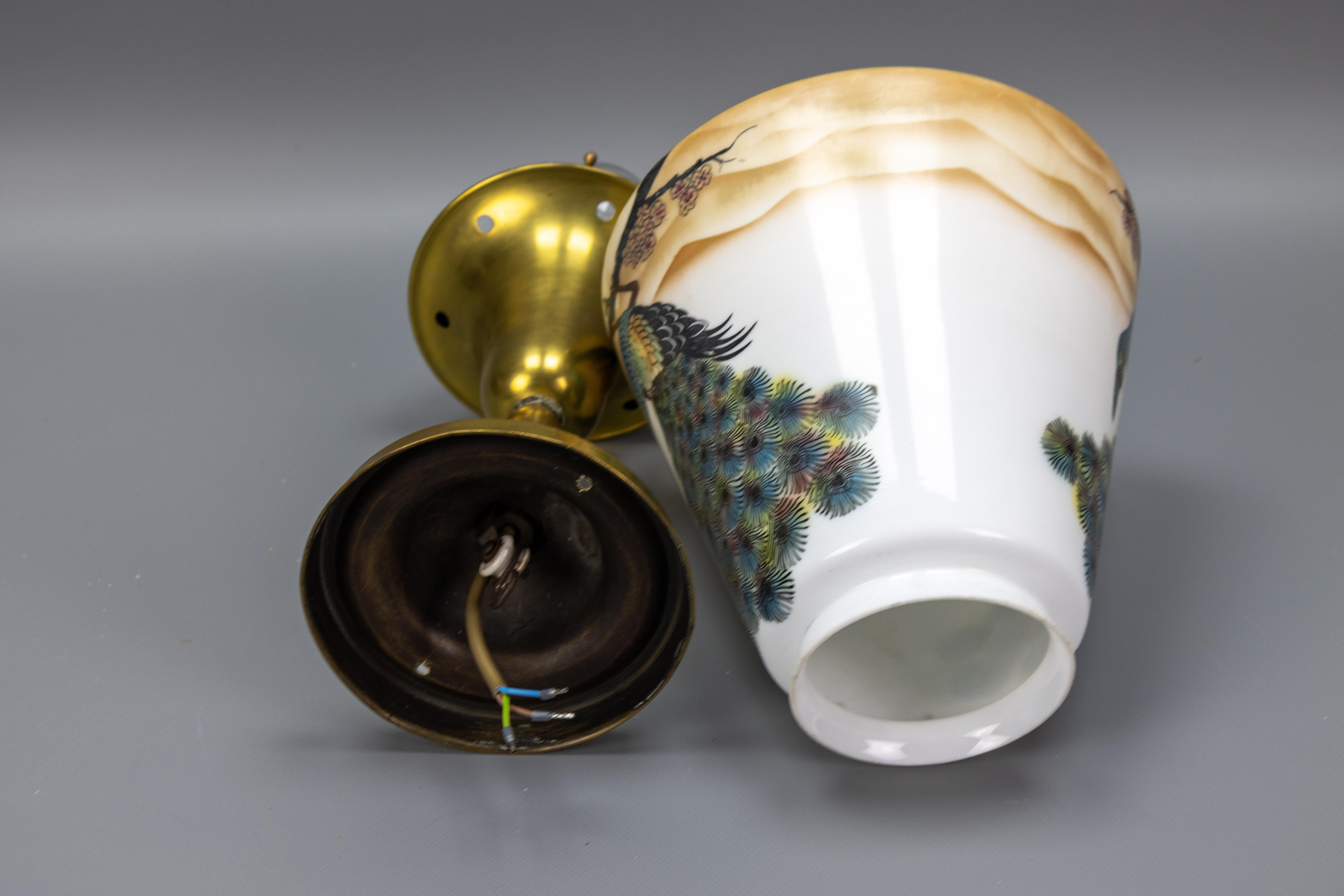 Art Deco Glass and Brass Pendant Light with Bird Paintings, France, 1930s For Sale 15