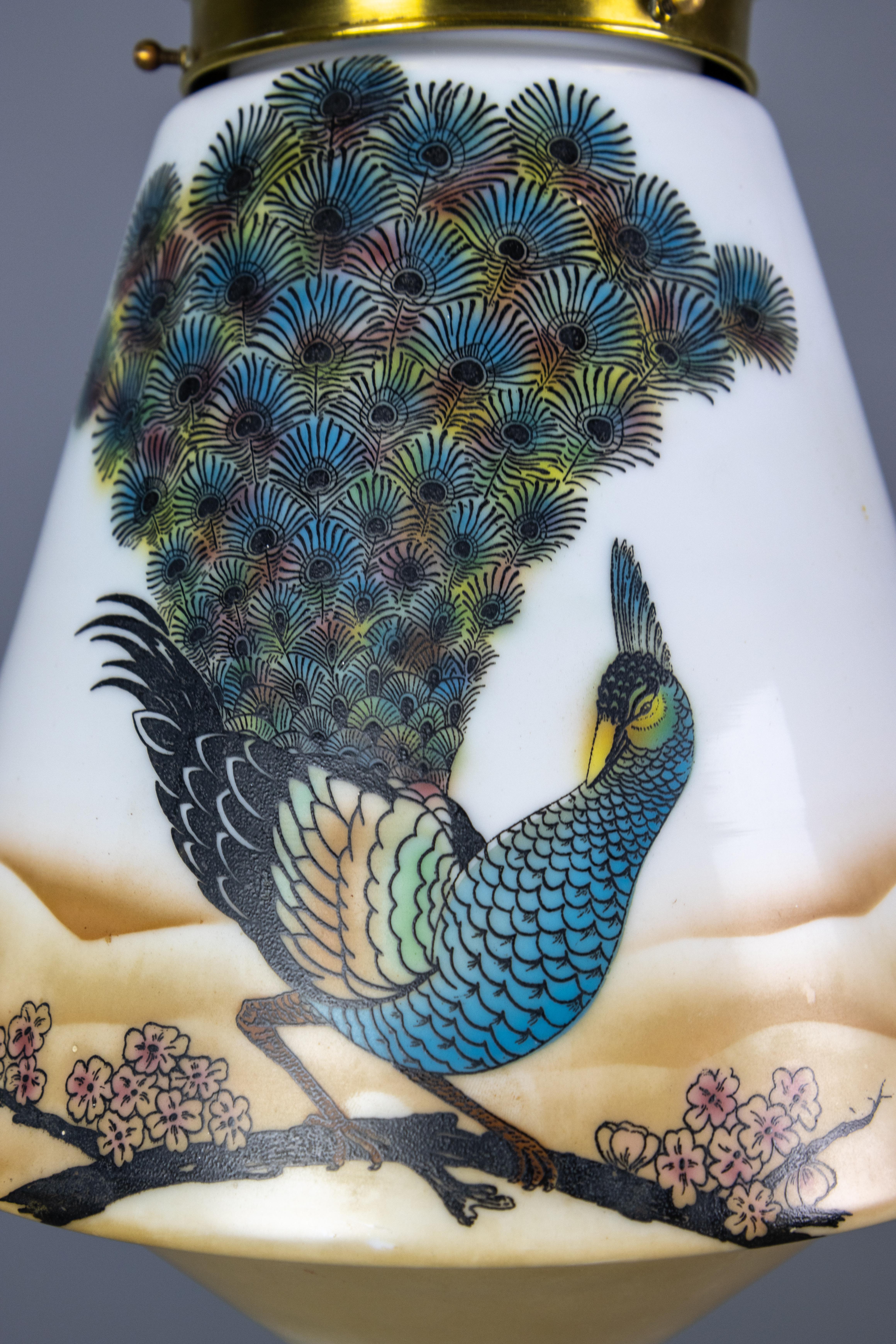 French Art Deco Glass and Brass Pendant Light with Bird Paintings, France, 1930s For Sale