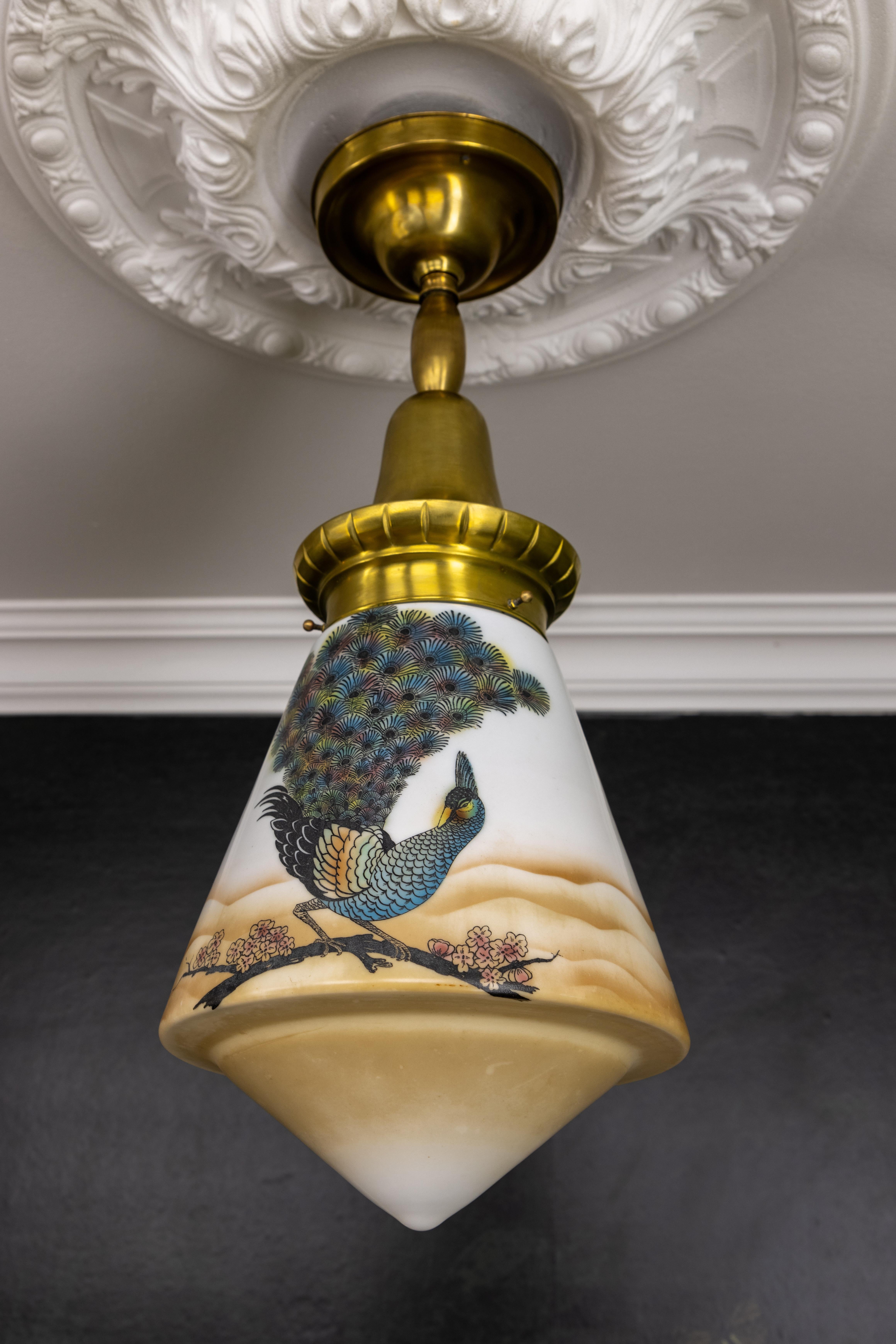 Art Deco Glass and Brass Pendant Light with Bird Paintings, France, 1930s In Good Condition For Sale In Barntrup, DE