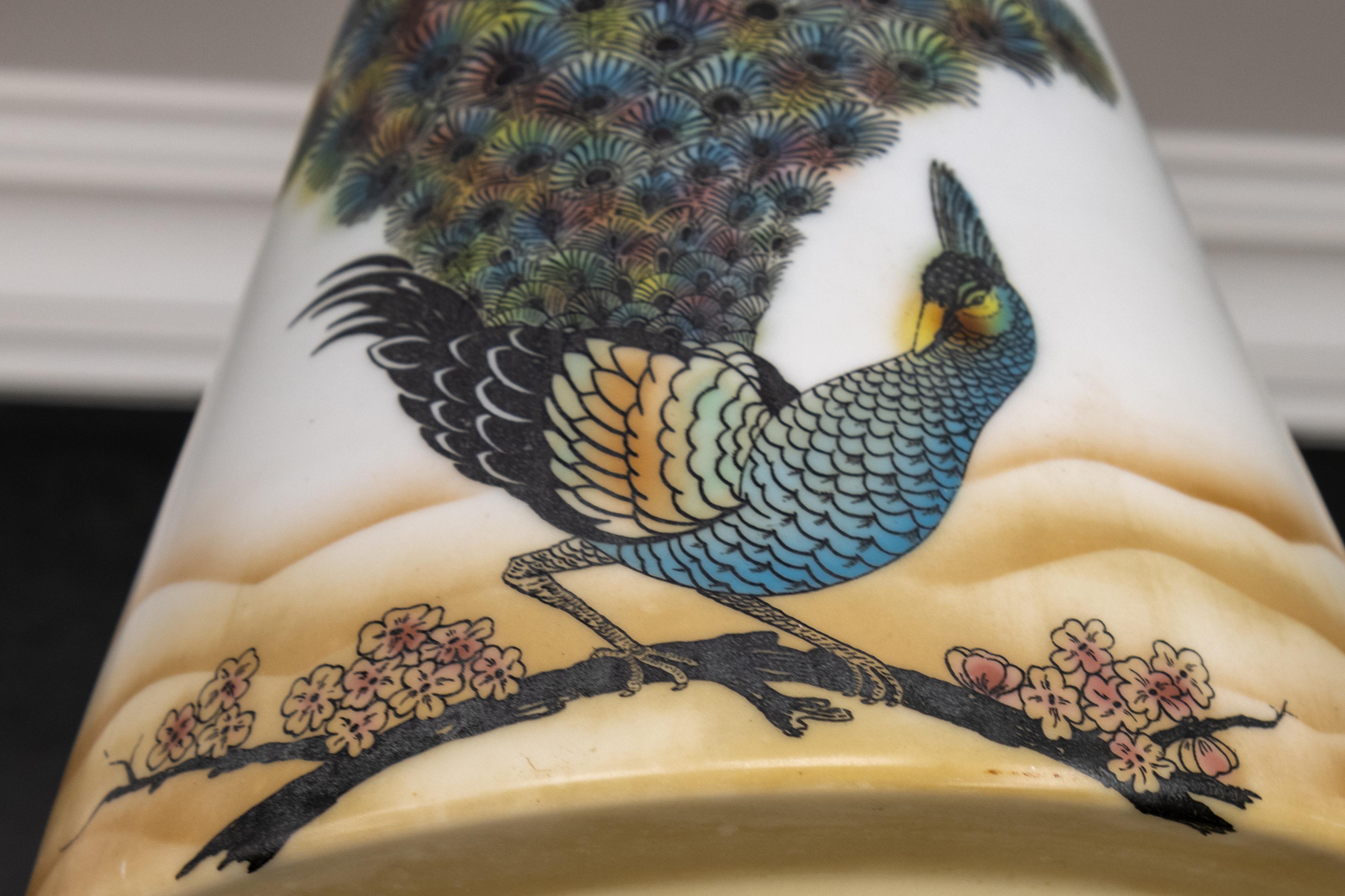 Mid-20th Century Art Deco Glass and Brass Pendant Light with Bird Paintings, France, 1930s For Sale
