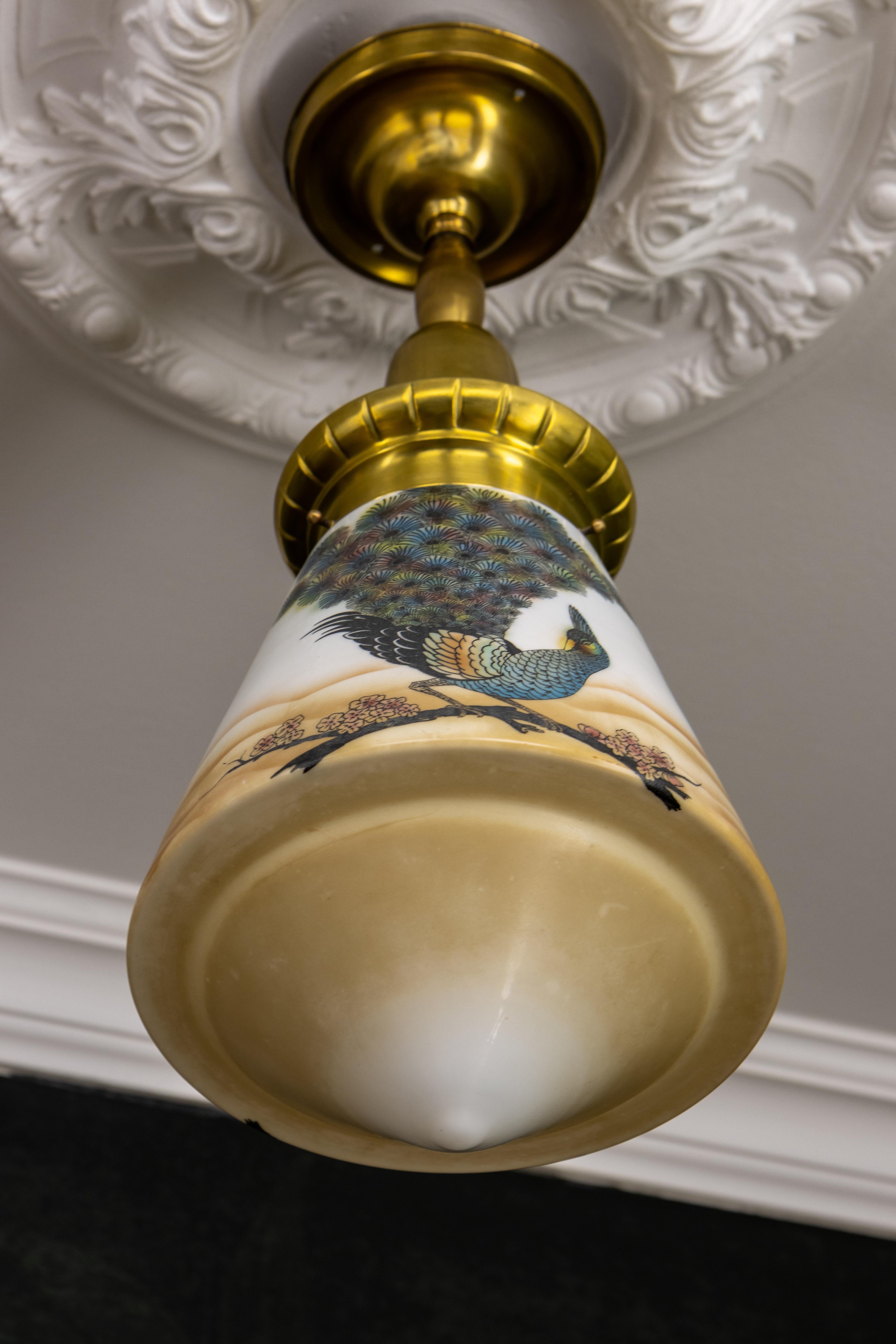 Art Deco Glass and Brass Pendant Light with Bird Paintings, France, 1930s For Sale 1