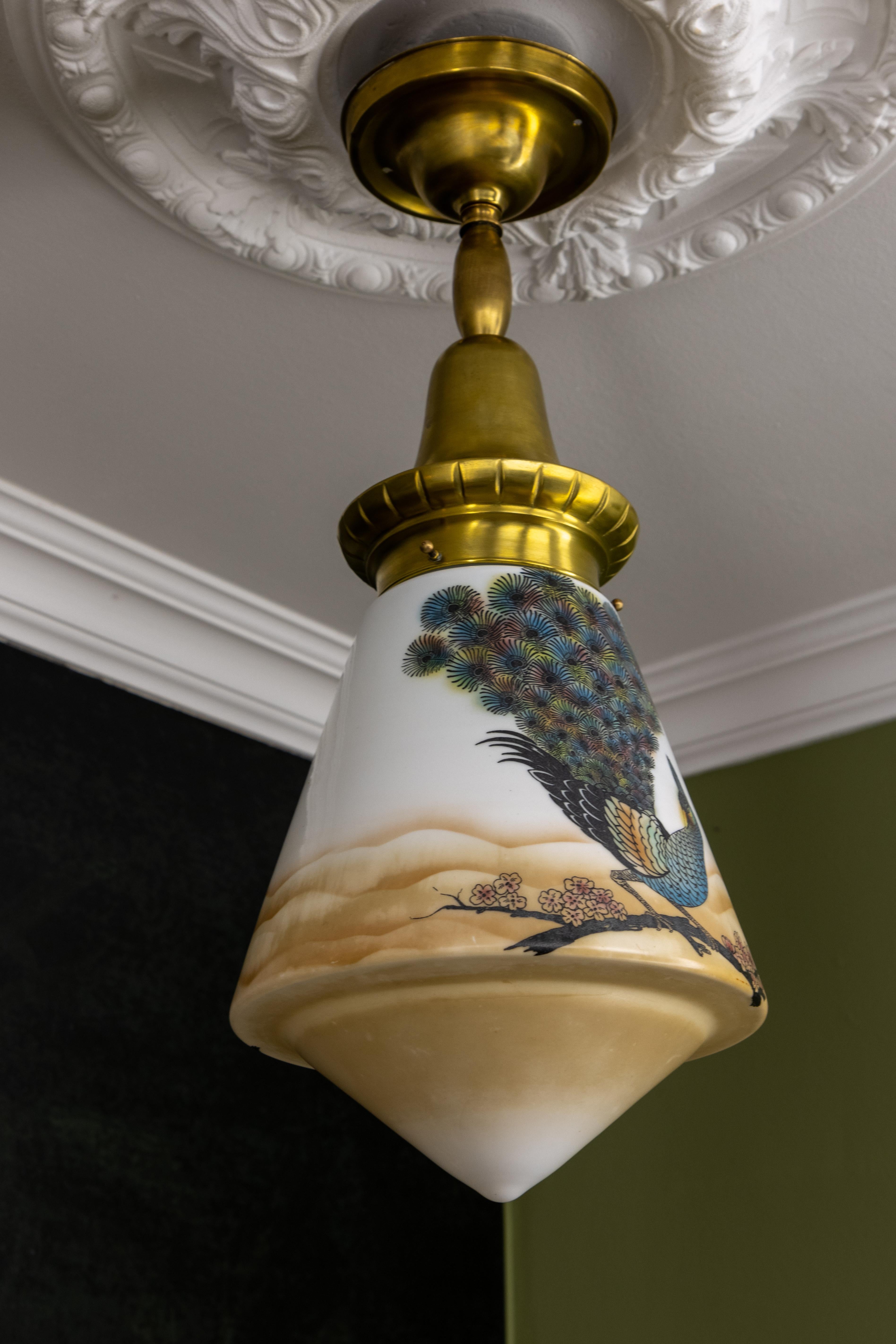 Art Deco Glass and Brass Pendant Light with Bird Paintings, France, 1930s For Sale 2