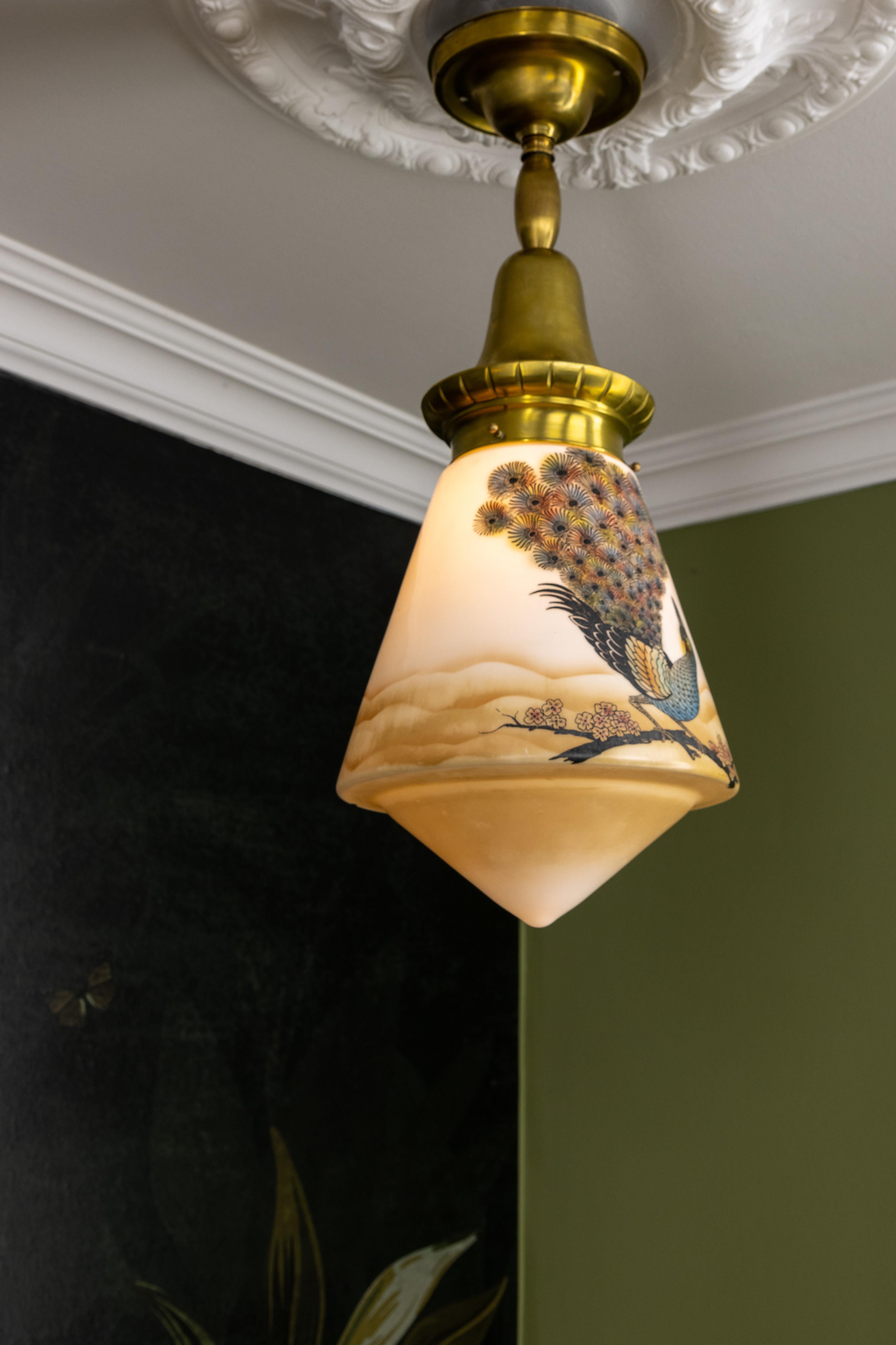 Art Deco Glass and Brass Pendant Light with Bird Paintings, France, 1930s For Sale 3