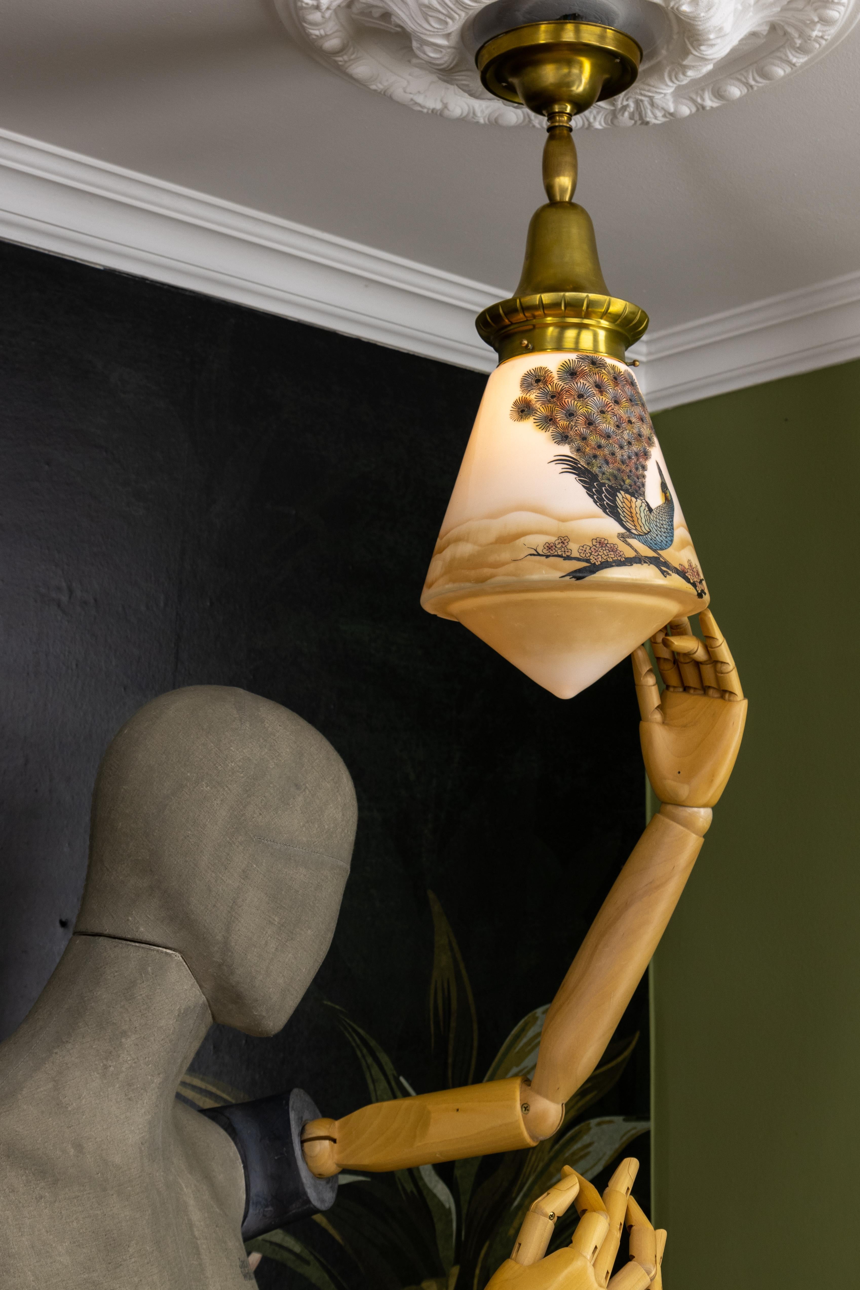 Art Deco Glass and Brass Pendant Light with Bird Paintings, France, 1930s For Sale 4