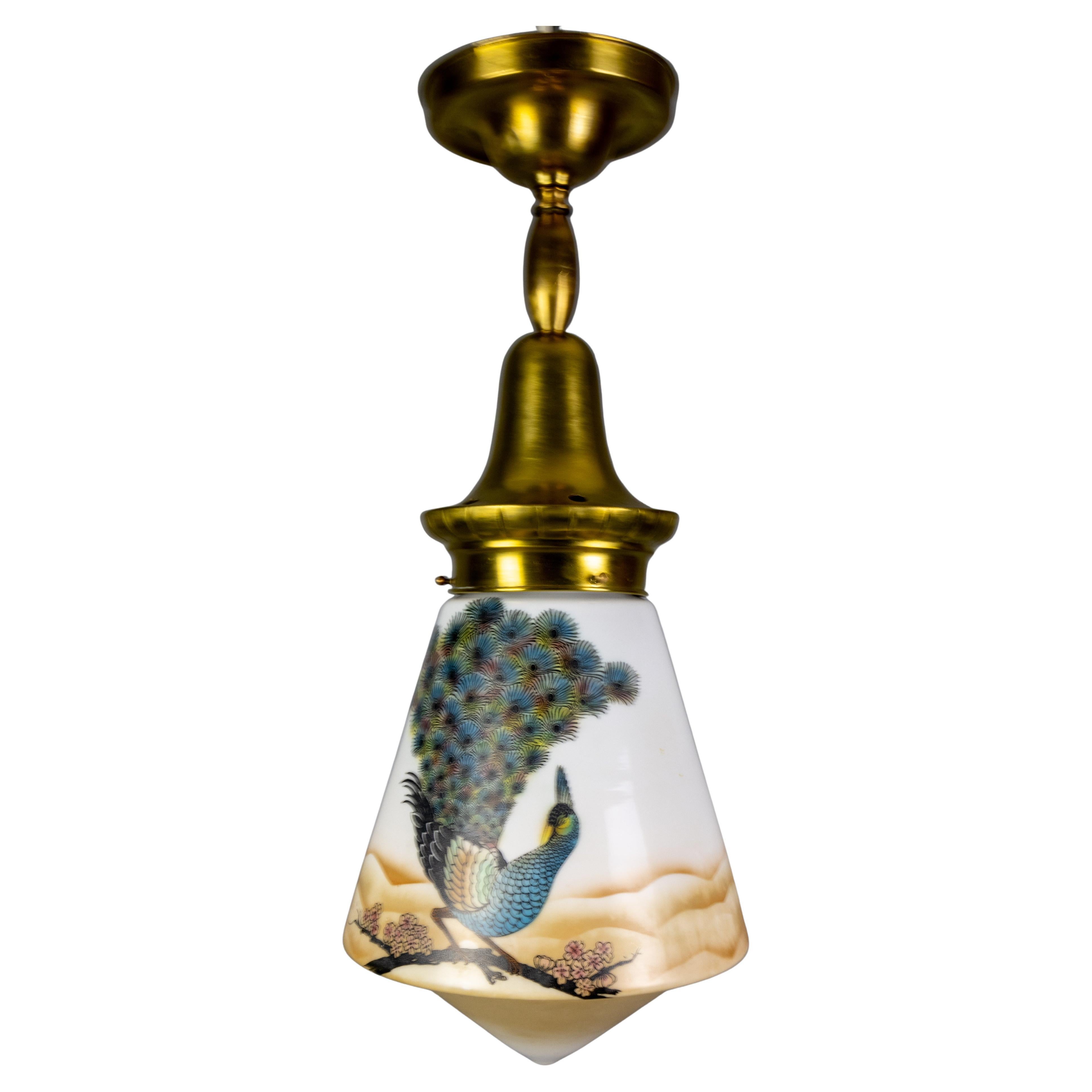 Art Deco Glass and Brass Pendant Light with Bird Paintings, France, 1930s For Sale