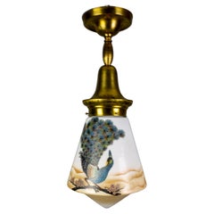 Art Deco Glass and Brass Pendant Light with Bird Paintings, France, 1930s