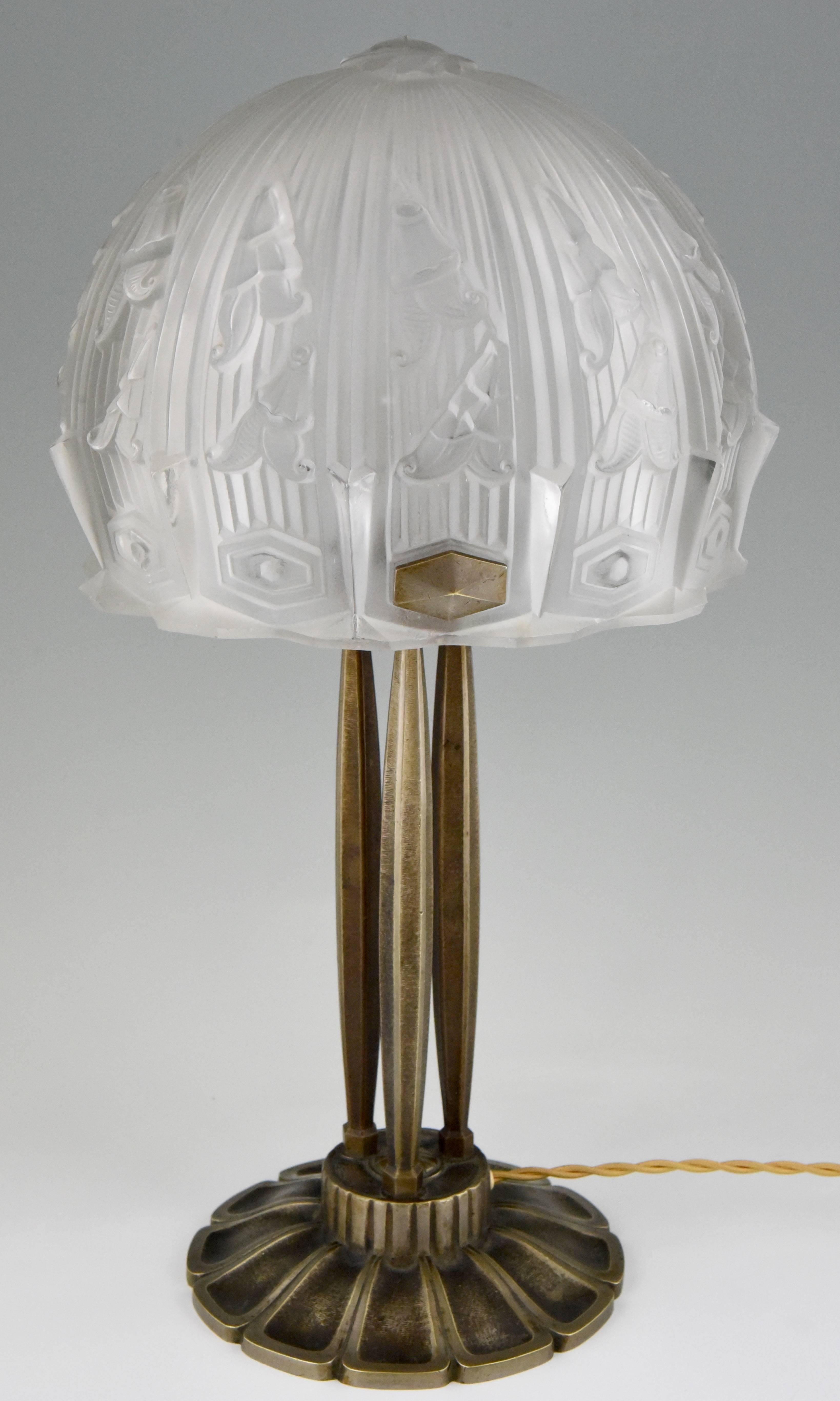 French Art Deco Glass and Bronze Desk or Table Lamp RM, France, 1930