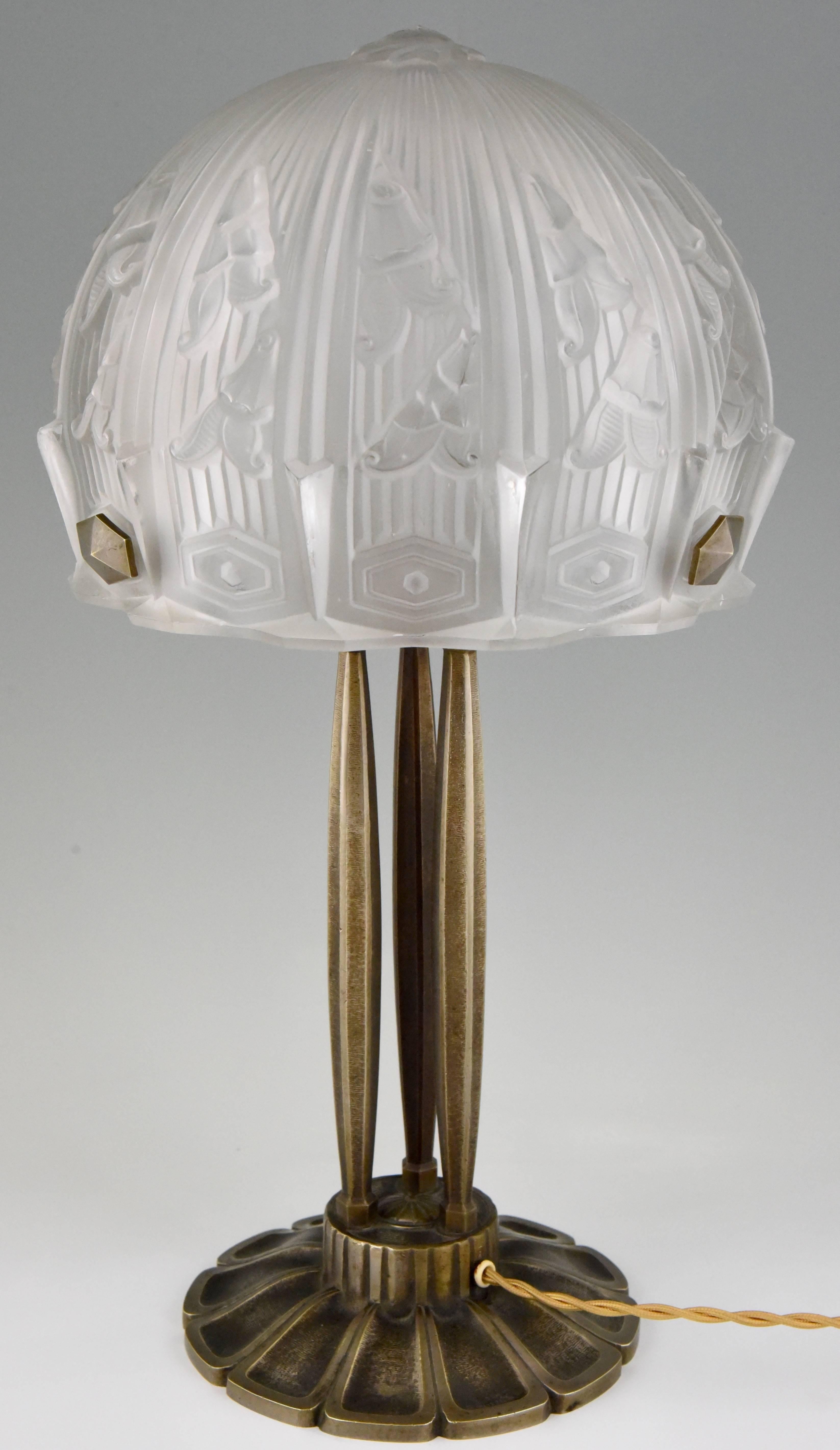 Art Deco Glass and Bronze Desk or Table Lamp RM, France, 1930 In Good Condition In Antwerp, BE