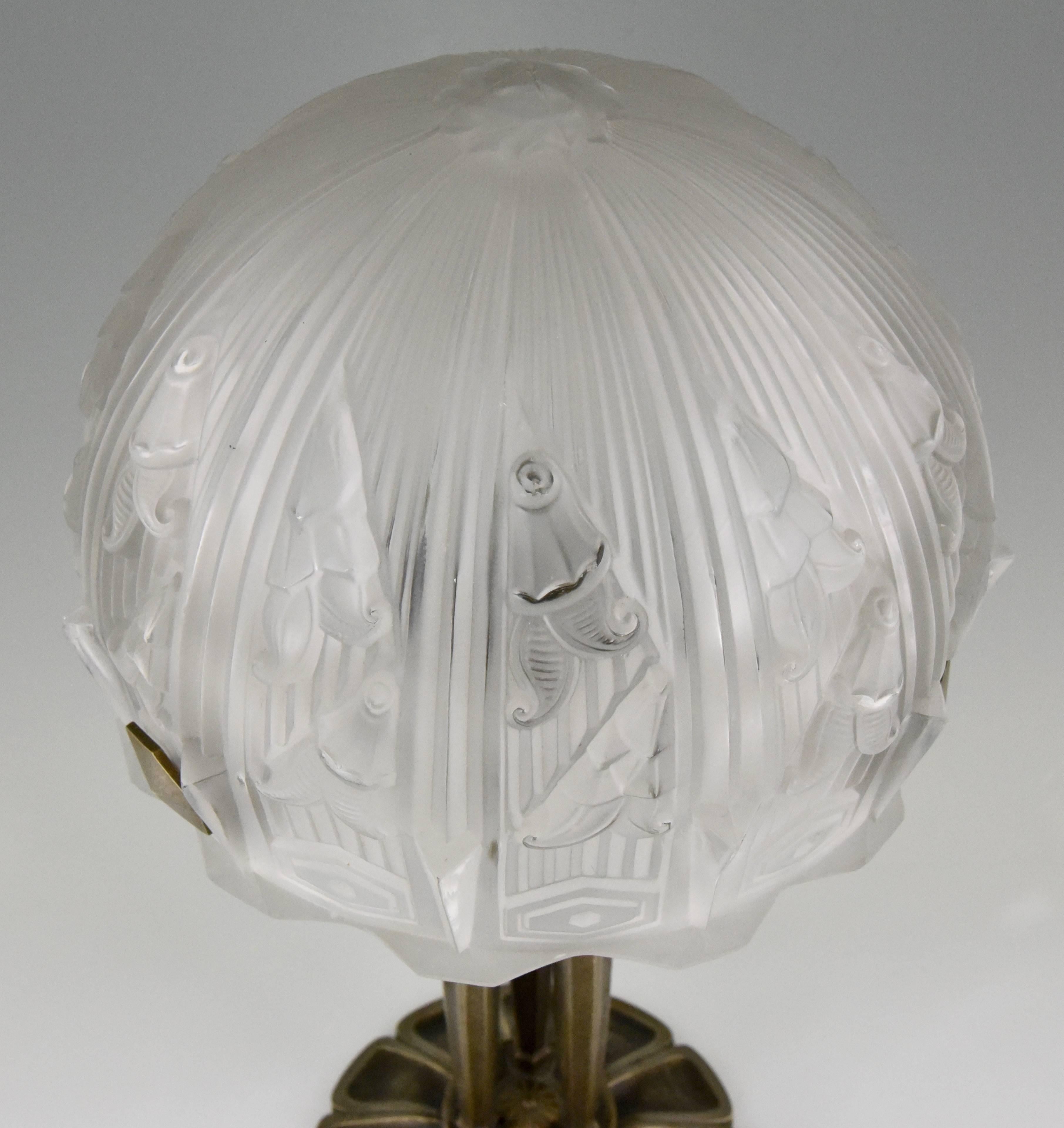 Mid-20th Century Art Deco Glass and Bronze Desk or Table Lamp RM, France, 1930