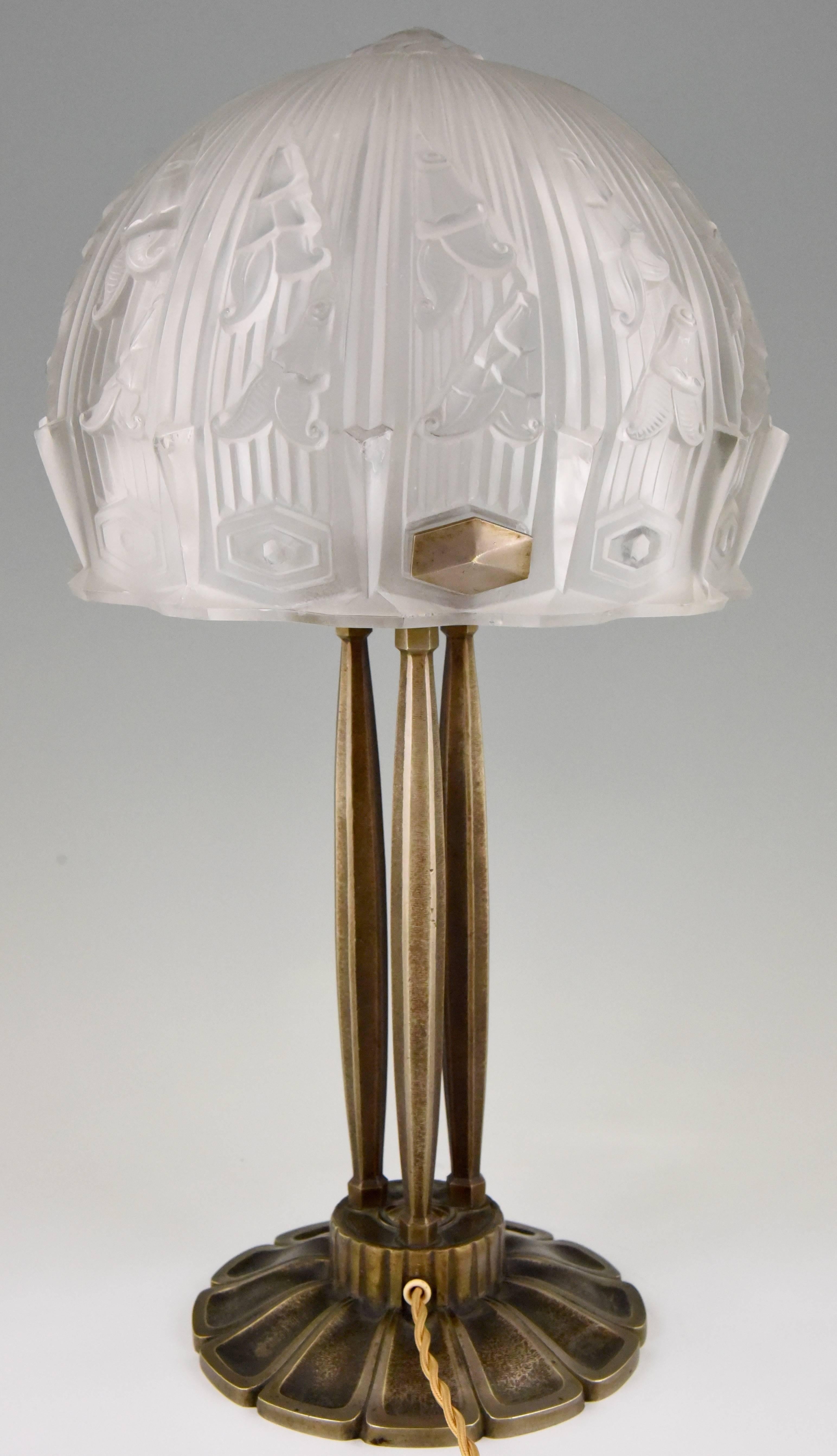 Art Deco Glass and Bronze Desk or Table Lamp RM, France, 1930 2