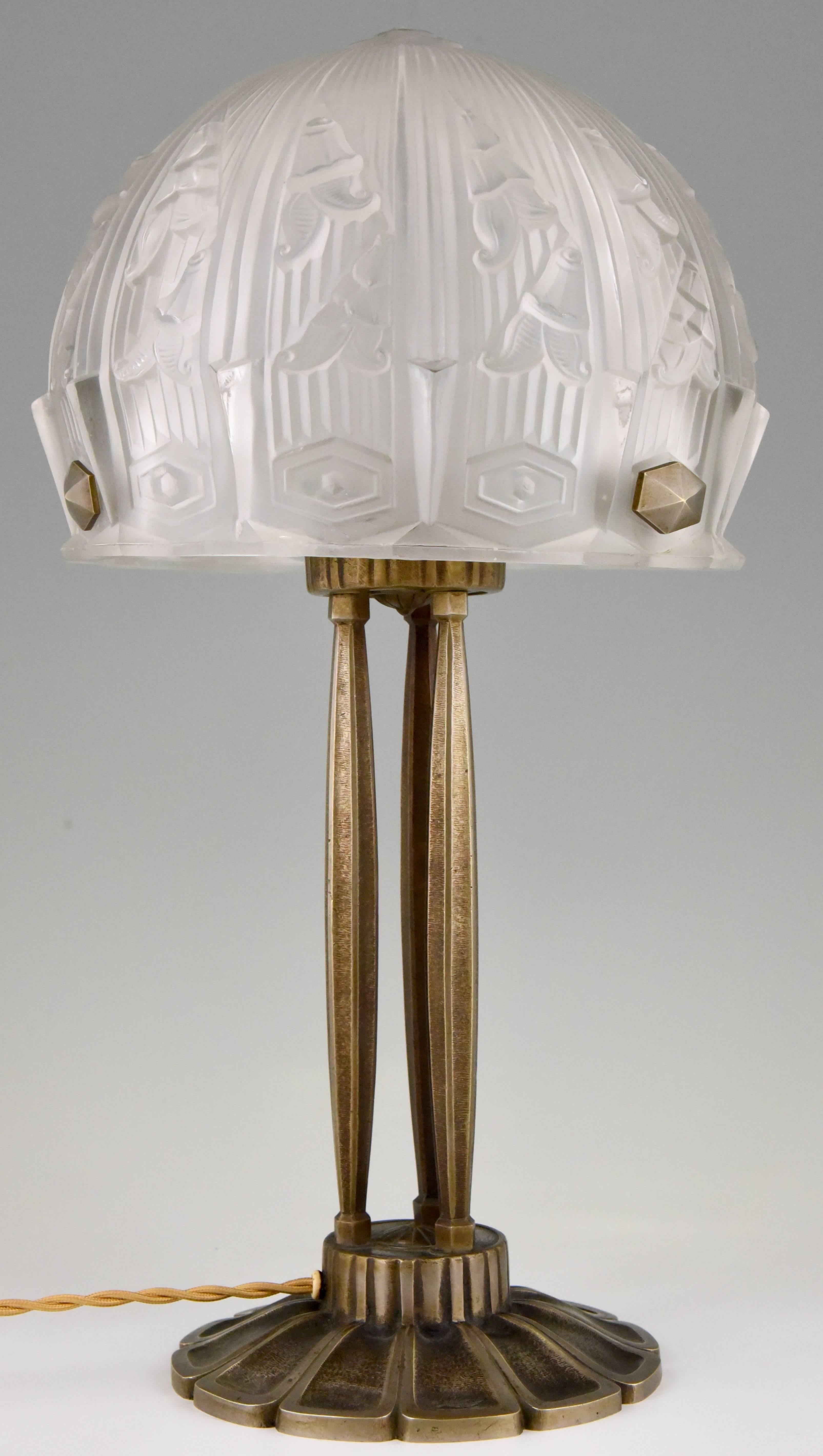 Art Deco Glass and Bronze Desk or Table Lamp RM, France, 1930 3