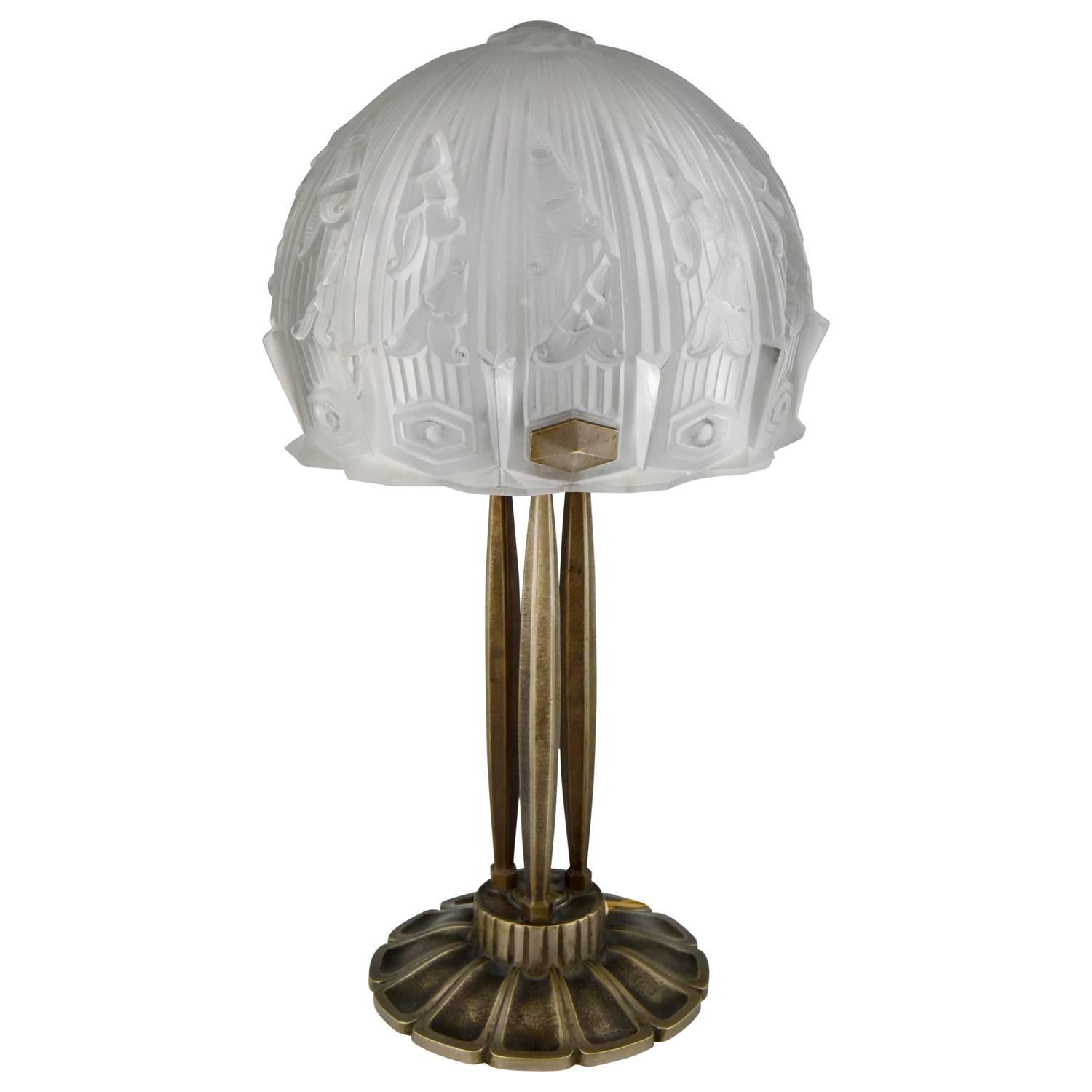 Art Deco Glass and Bronze Desk or Table Lamp RM, France, 1930