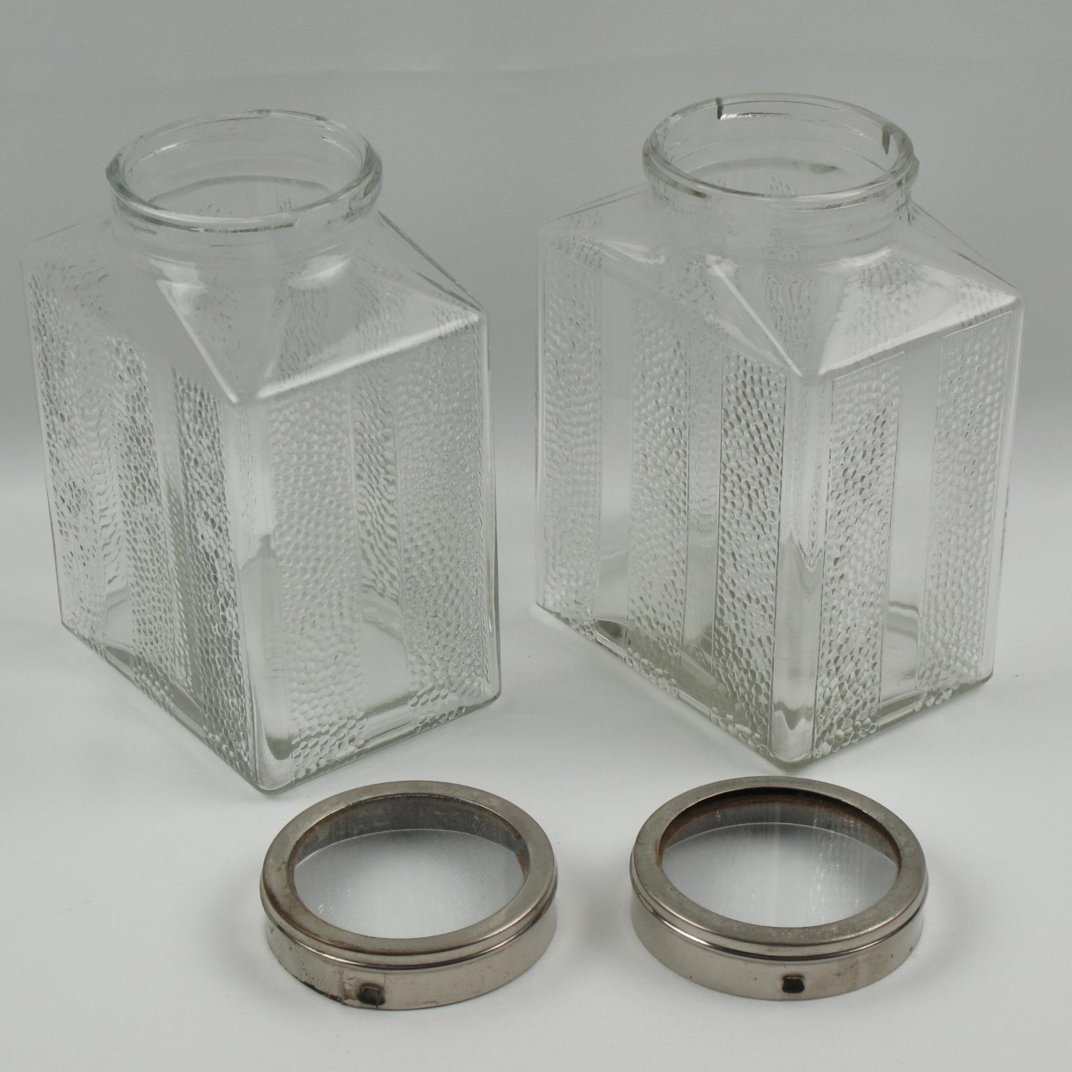 German Art Deco Glass and Chrome Kitchen Canister Jar, a pair