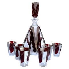 Retro Art Deco Glass and Enamel Decanter Set, circa 1930