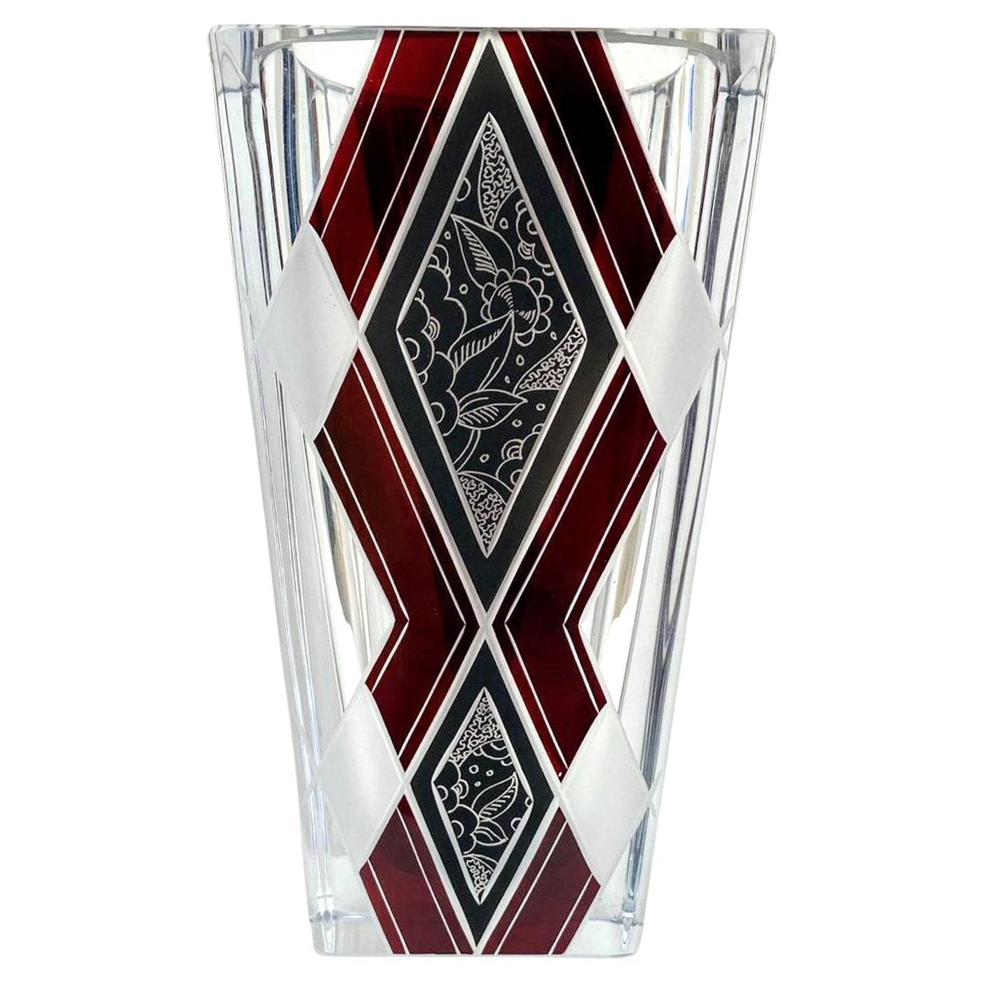 Art Deco Glass and Enamel Etched Geometric Vase By Karl Palda, c1930