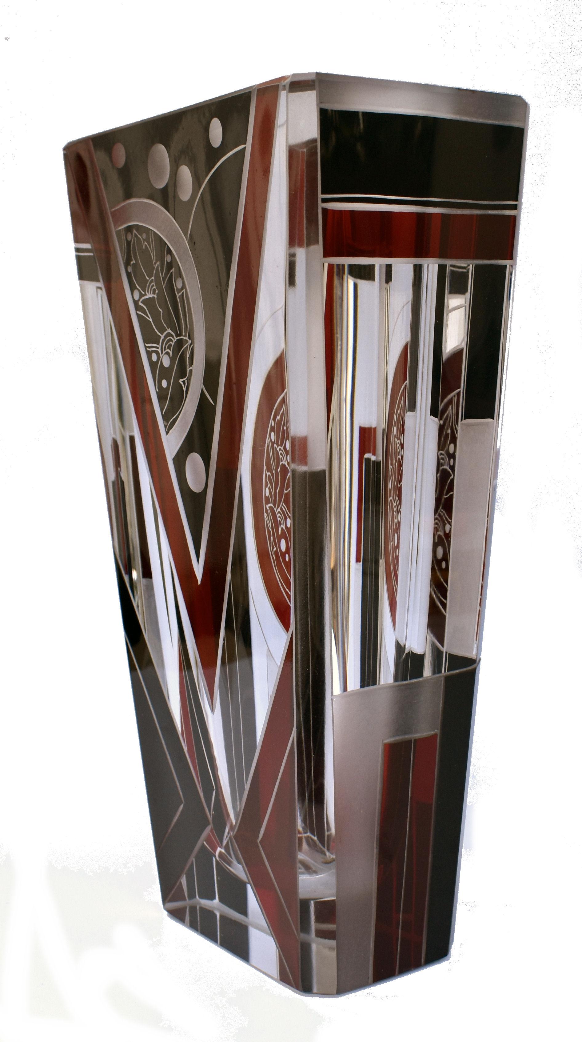 Art Deco Glass and Enamel Etched Geometric Vase, c1930 In Good Condition In Devon, England