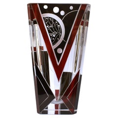 Art Deco Glass and Enamel Etched Geometric Vase, c1930