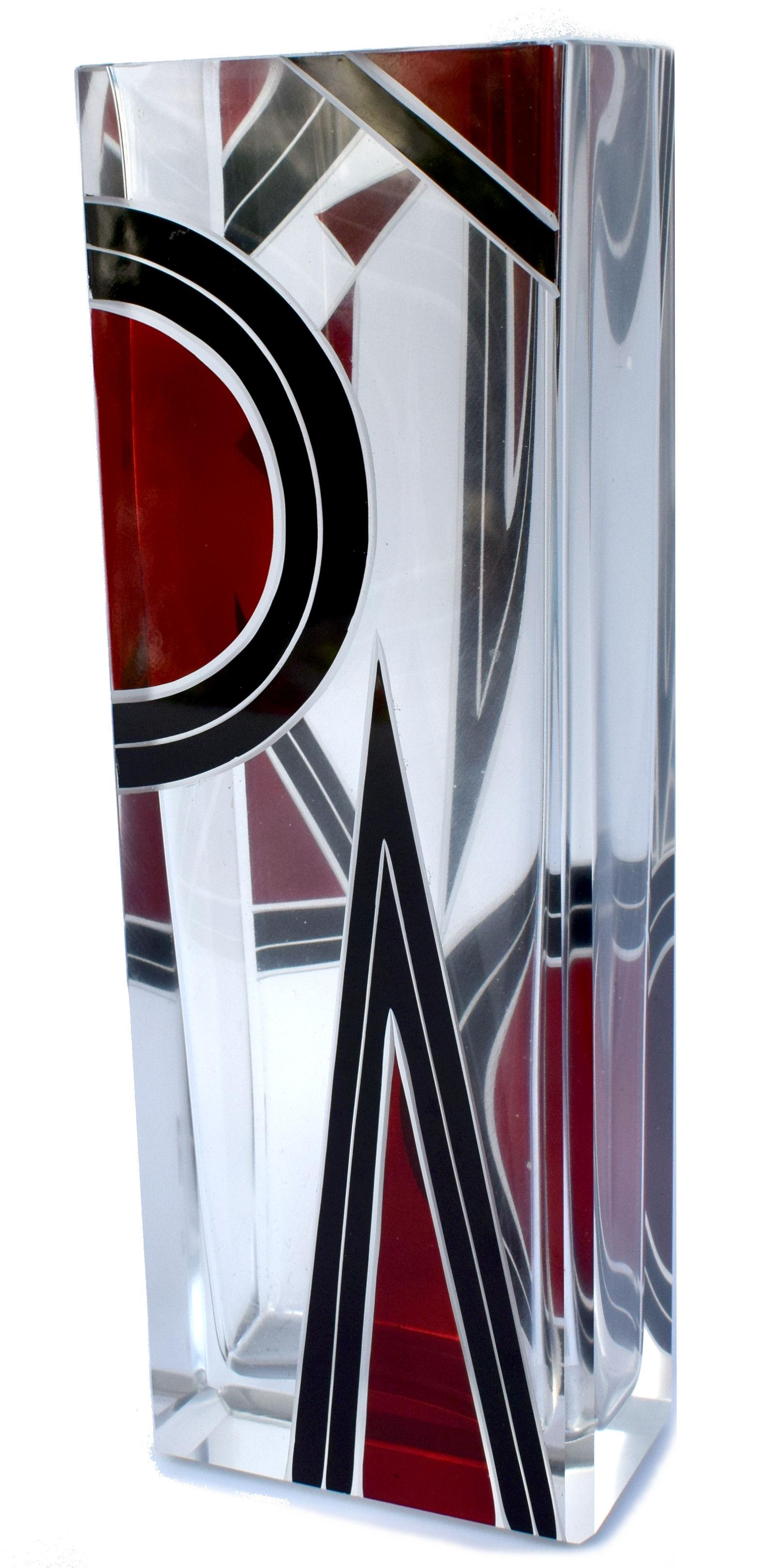 Art Deco Glass and Enamel Etched Geometric Vase 4