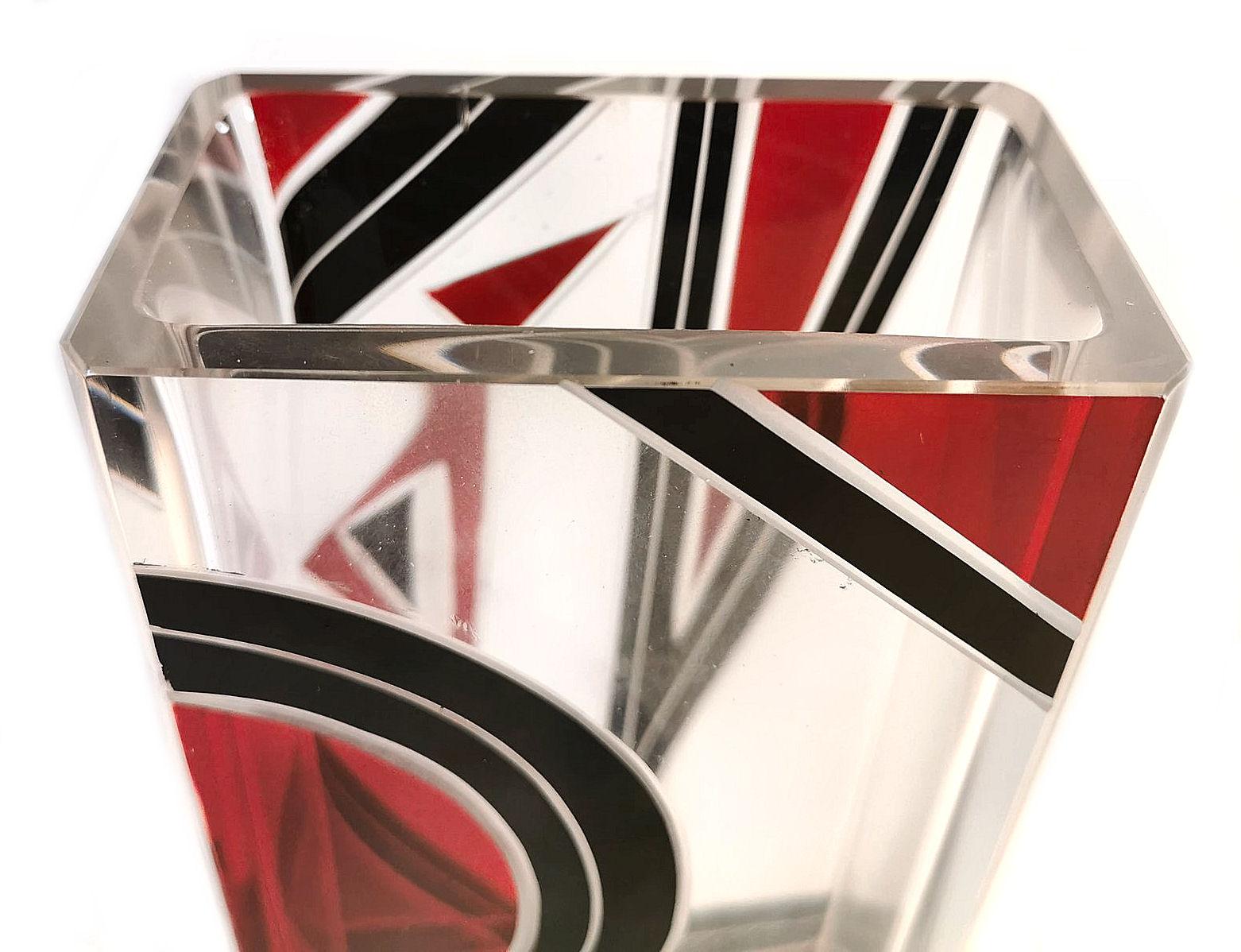 Art Deco Glass and Enamel Etched Geometric Vase In Good Condition In Devon, England