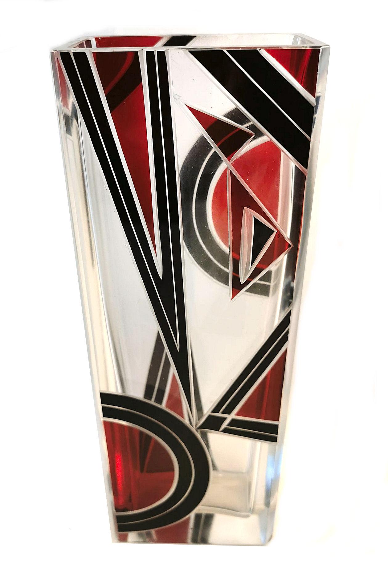 20th Century Art Deco Glass and Enamel Etched Geometric Vase