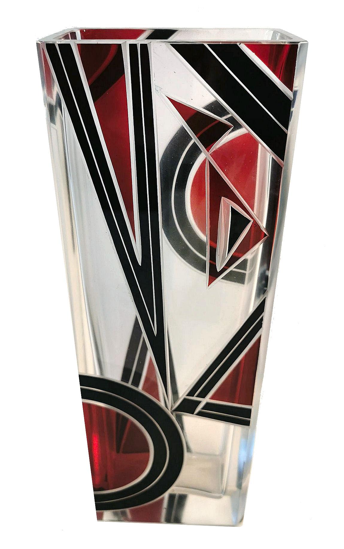 Art Deco Glass and Enamel Etched Geometric Vase 1