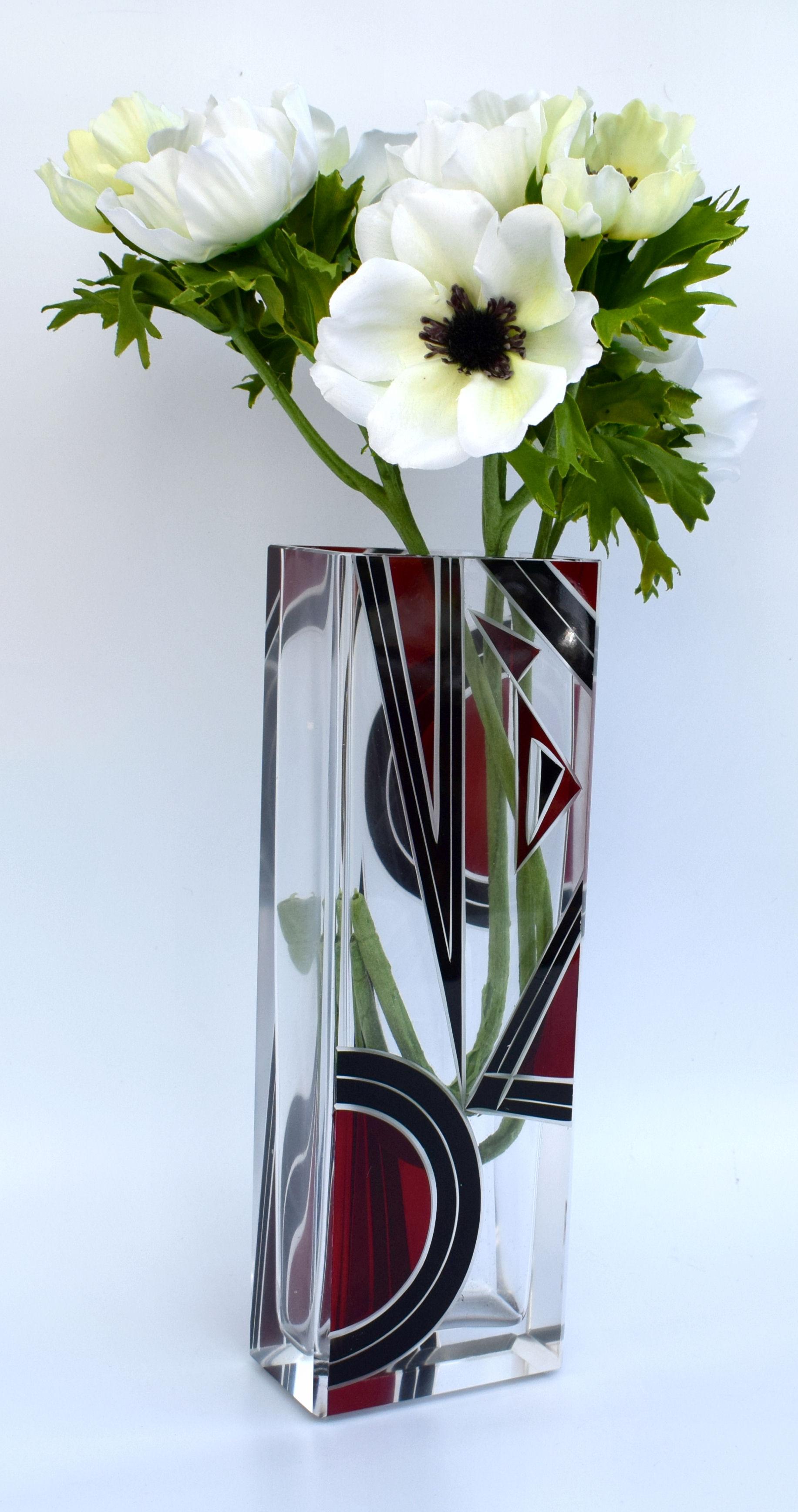 Czech Art Deco Glass and Enamel Etched Geometric Vase