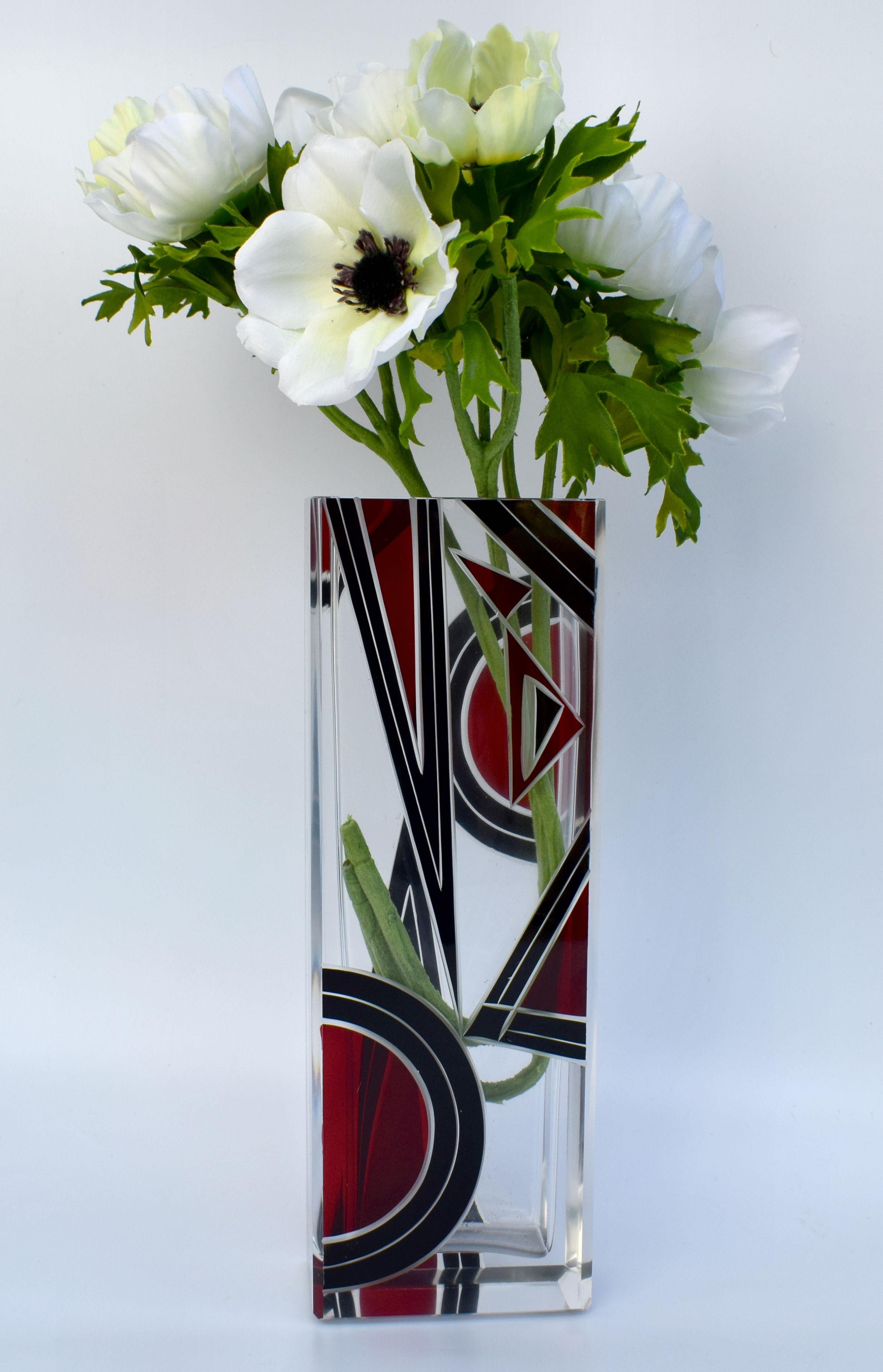 For your consideration is this exceptional 1930s Art Deco glass vase possibly by Karl Palda and what a gem it is. It really does pack a punch being very tall and elegant and with the most glorious geometric decoration. Heavy quality crystal with no