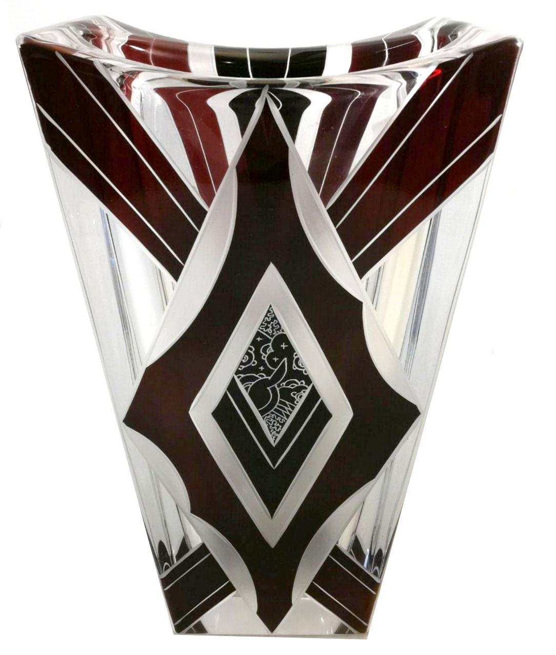 Art Deco Glass and Enamel Etched Geometric Vase 2