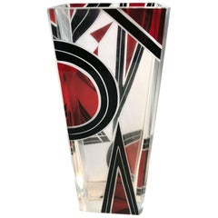 Art Deco Glass and Enamel Etched Geometric Vase