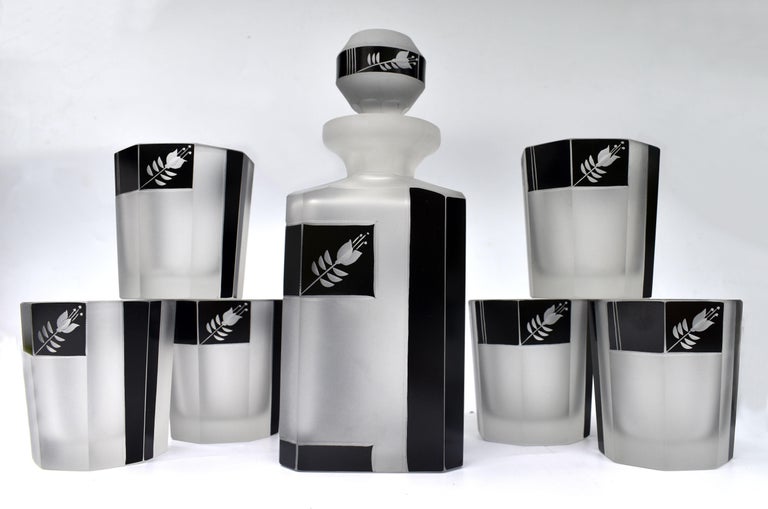 Art Deco Glass and Enamel Whiskey Decanter Set, c1930 In Good Condition For Sale In Devon, England