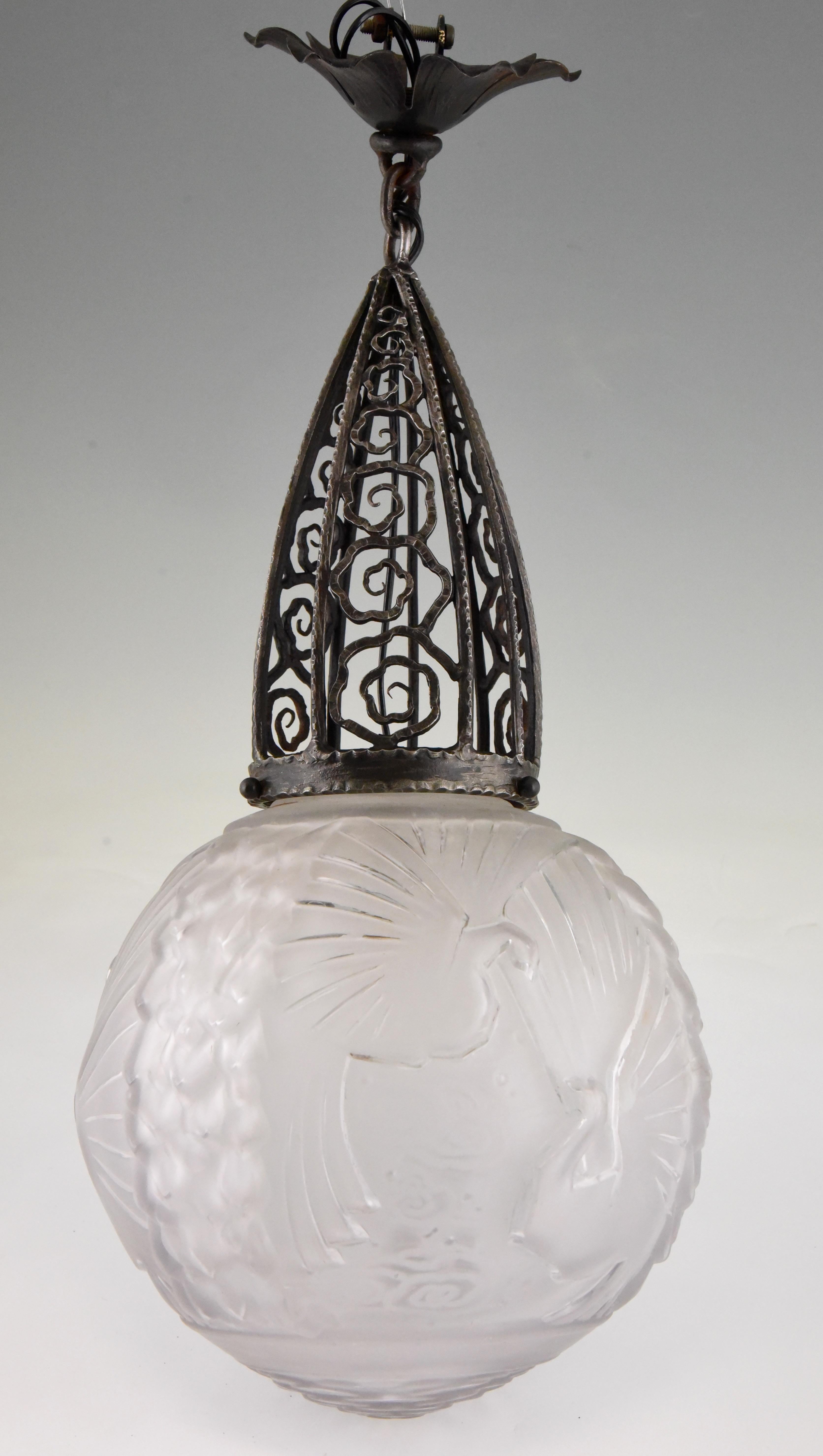 Art Deco Glass and Iron Peacock Pendant Chandelier Muller Frères, France, 1930 In Good Condition In Antwerp, BE
