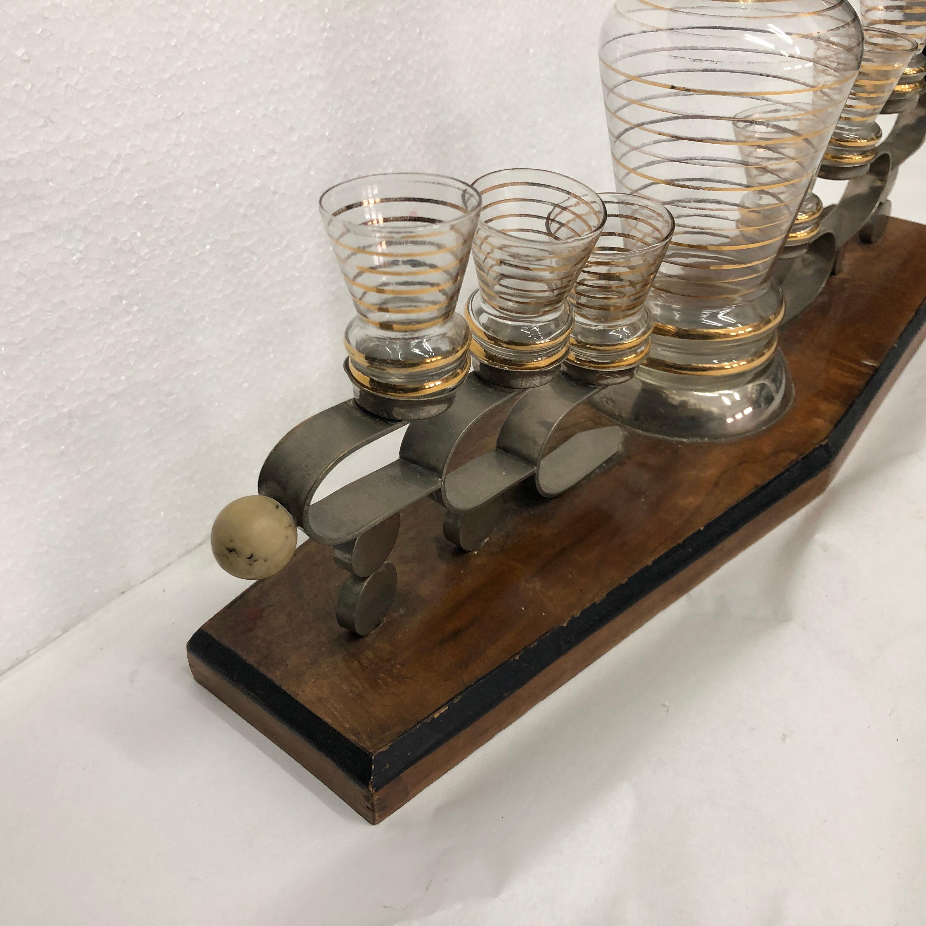 Silver Plate Art Deco Glass and Wood Italian Liquor Set on Stand, circa 1930