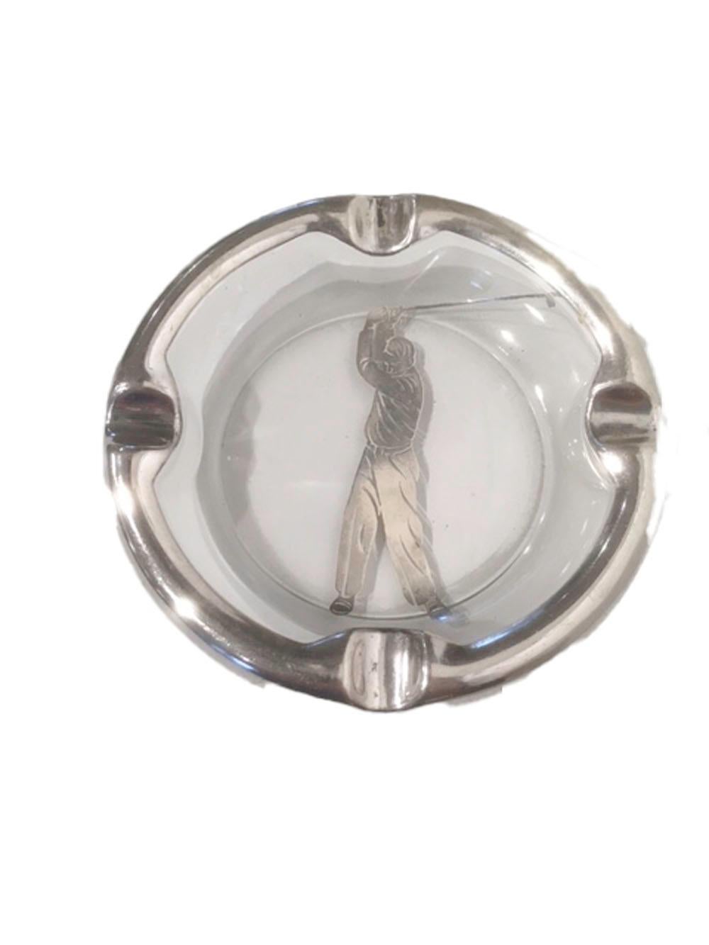 American Art Deco Glass Ashtray with Sterling Overlay of a Golfer Swinging a Club