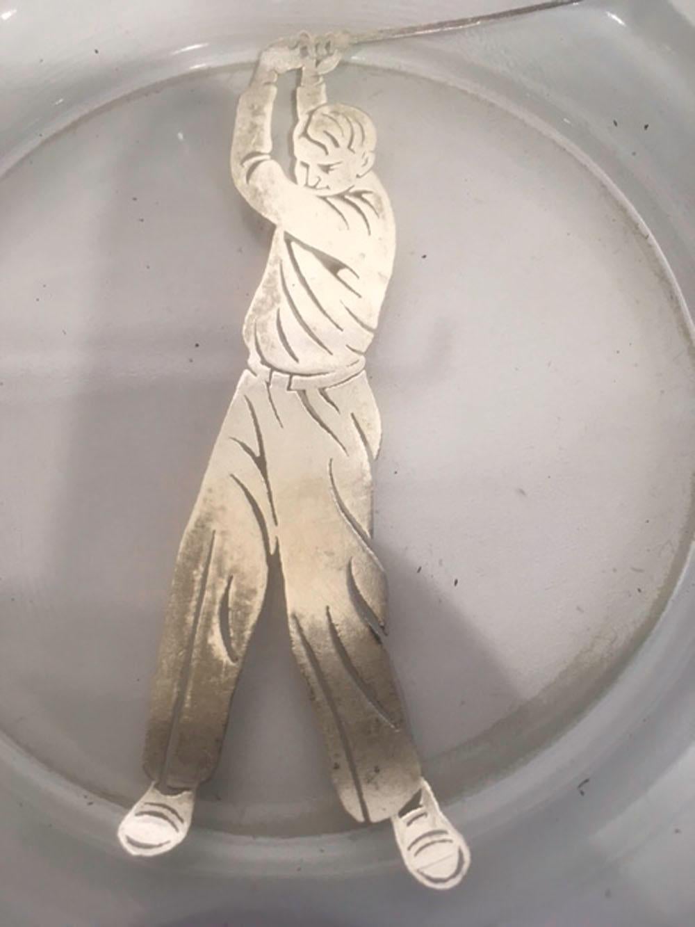 Molded Art Deco Glass Ashtray with Sterling Overlay of a Golfer Swinging a Club