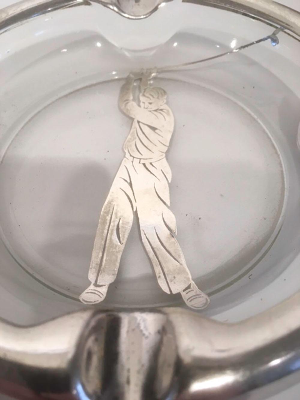 Art Deco Glass Ashtray with Sterling Overlay of a Golfer Swinging a Club In Good Condition In Nantucket, MA