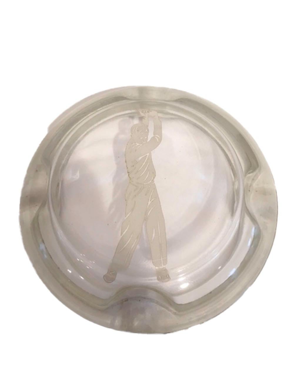 20th Century Art Deco Glass Ashtray with Sterling Overlay of a Golfer Swinging a Club