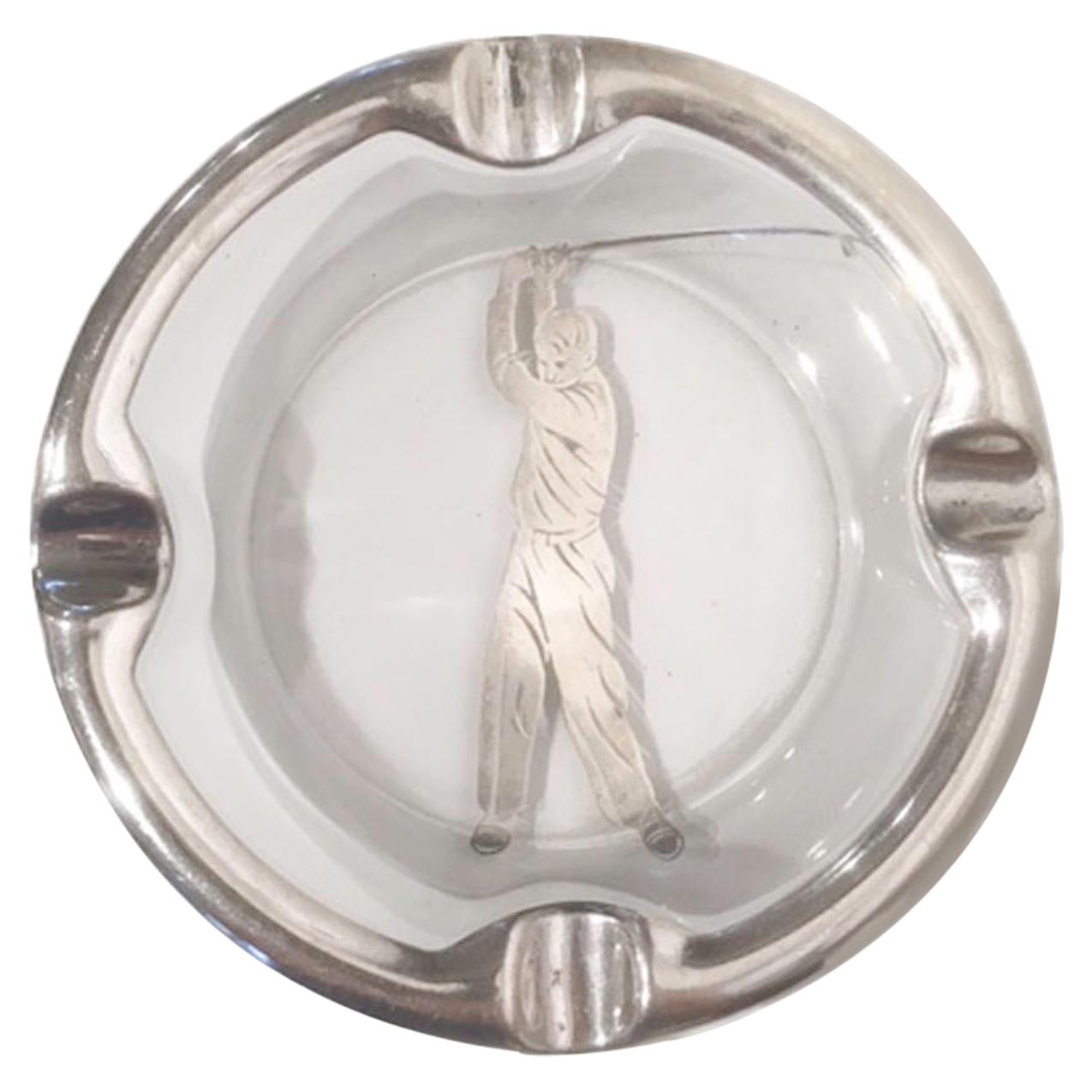 Art Deco Glass Ashtray with Sterling Overlay of a Golfer Swinging a Club