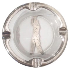 Retro Art Deco Glass Ashtray with Sterling Overlay of a Golfer Swinging a Club