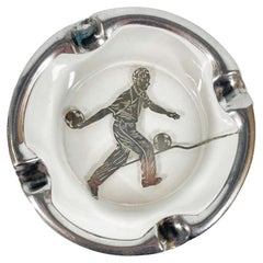 Art Deco Glass Ashtray with Sterling Overlay of a Man Bowling